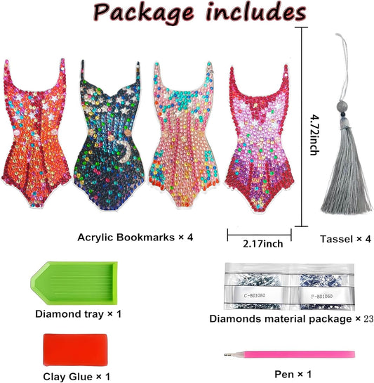 Singer Diamond Painting Bookmarks, 4 PCS Tour Concert Outfit Inspired Diamond Art Bookmark, Sparkles Bodysuit Leotard Touring Musical Gift for Fans
