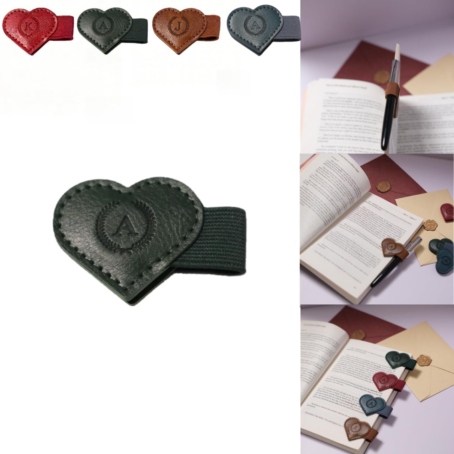 Magnetic Leather Bookmarks with Pen Holder, 26 Letters Name Initial Custom Personalized Heart-Shaped Book Marks for Book Lover Readers, Bygone Cute Leather Bookmark Gift for Women,Girls (Red,J)