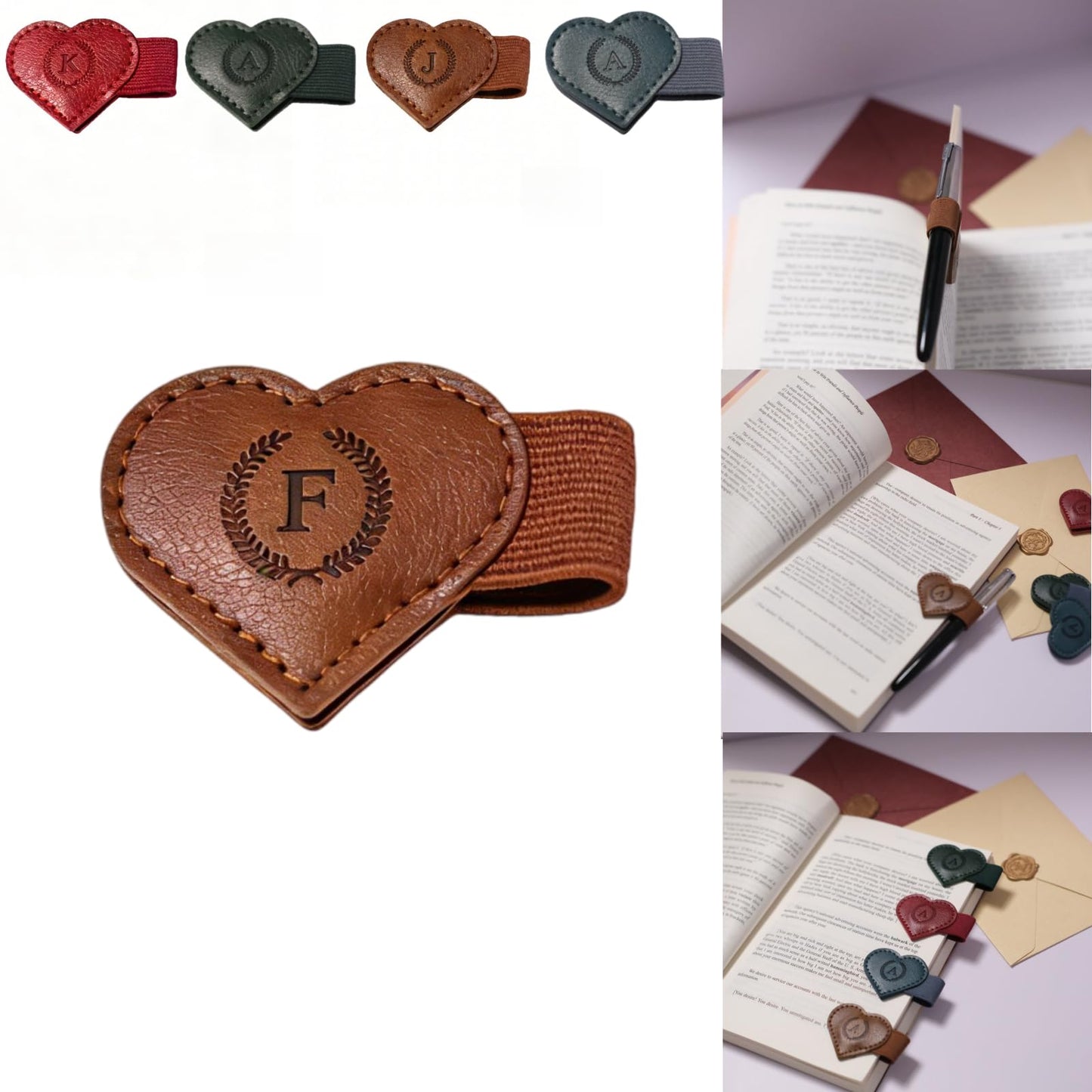 Magnetic Leather Bookmarks with Pen Holder, 26 Letters Name Initial Custom Personalized Heart-Shaped Book Marks for Book Lover Readers, Bygone Cute Leather Bookmark Gift for Women,Girls (Red,J)
