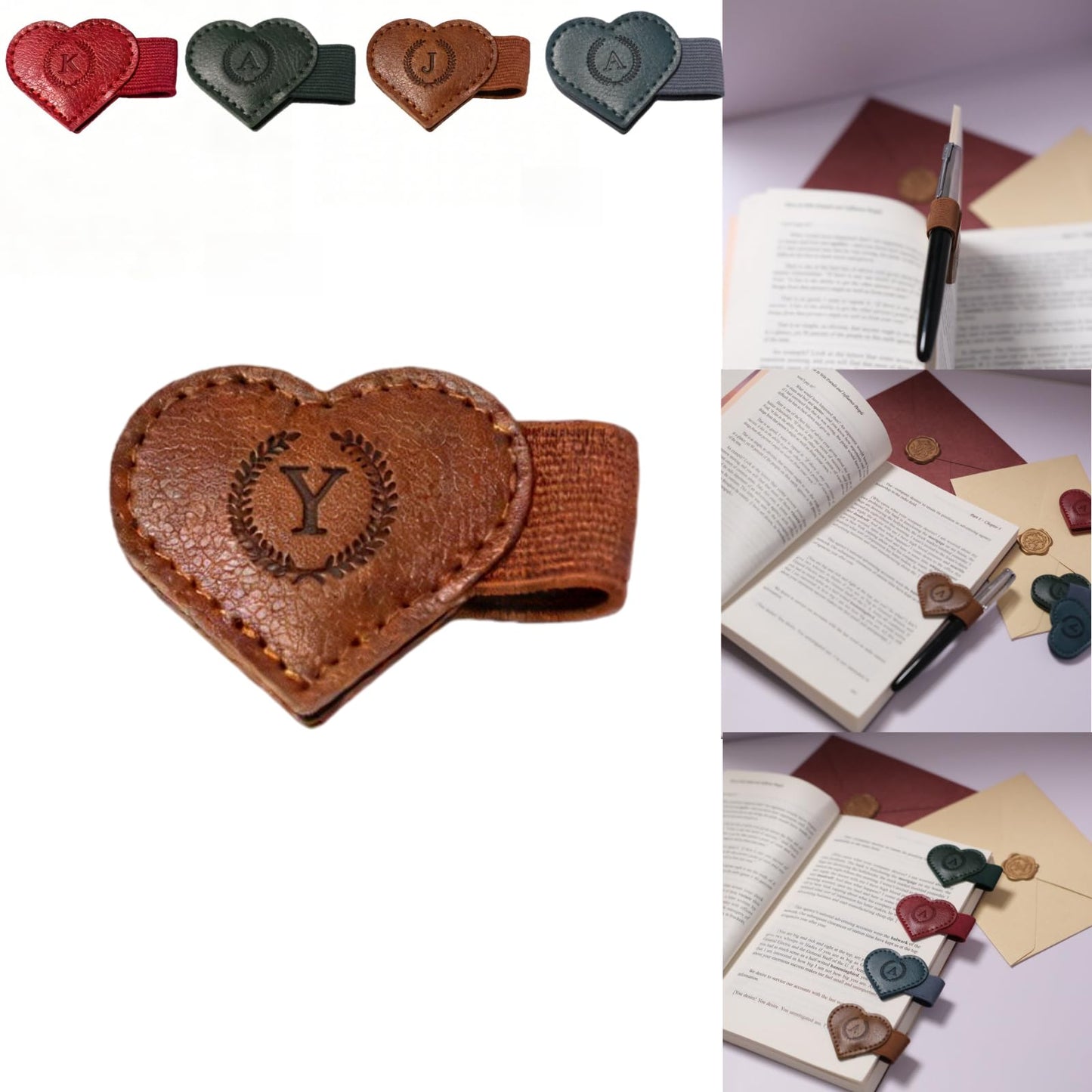 Magnetic Leather Bookmarks with Pen Holder, 26 Letters Name Initial Custom Personalized Heart-Shaped Book Marks for Book Lover Readers, Bygone Cute Leather Bookmark Gift for Women,Girls (Red,J)