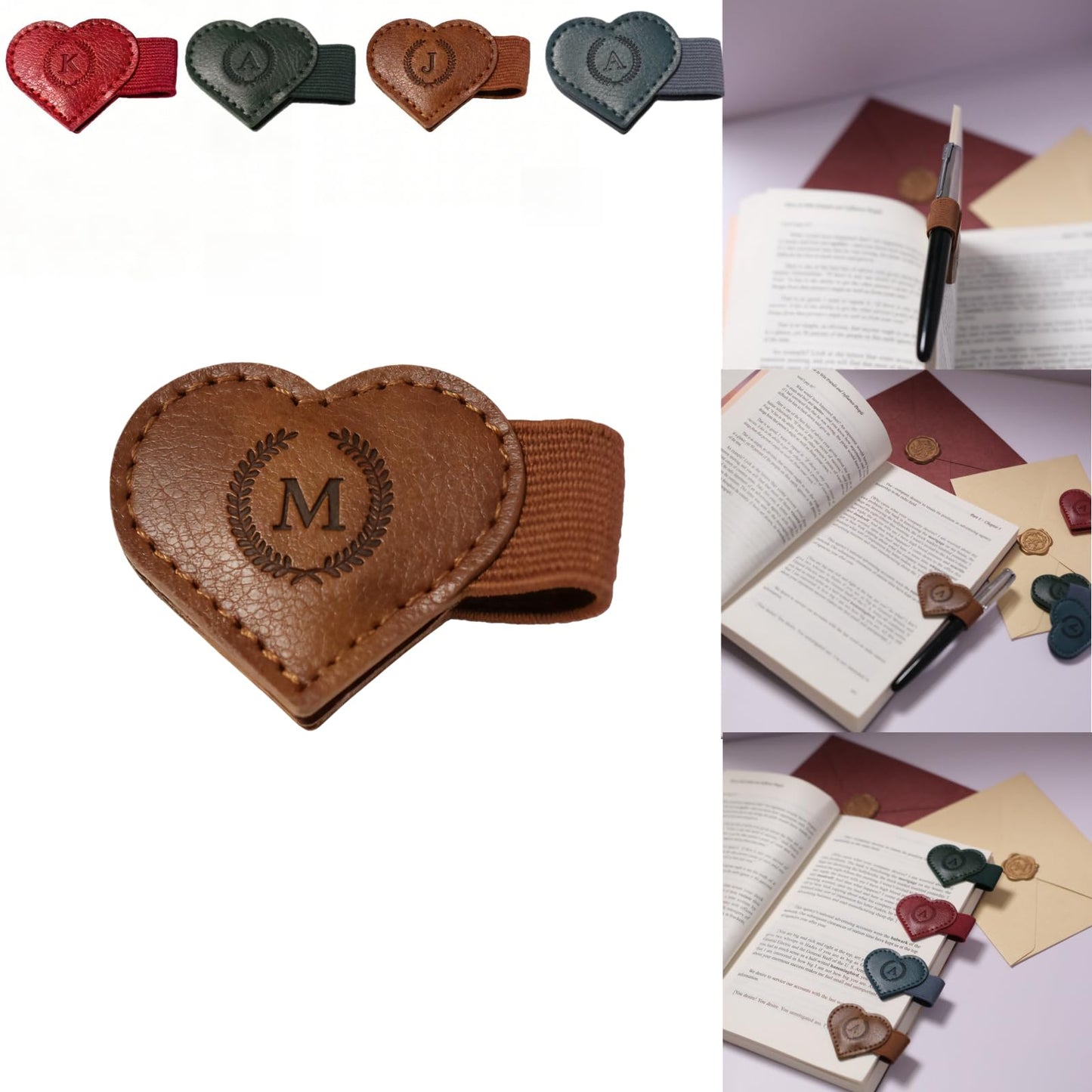 Magnetic Leather Bookmarks with Pen Holder, 26 Letters Name Initial Custom Personalized Heart-Shaped Book Marks for Book Lover Readers, Bygone Cute Leather Bookmark Gift for Women,Girls (Red,J)