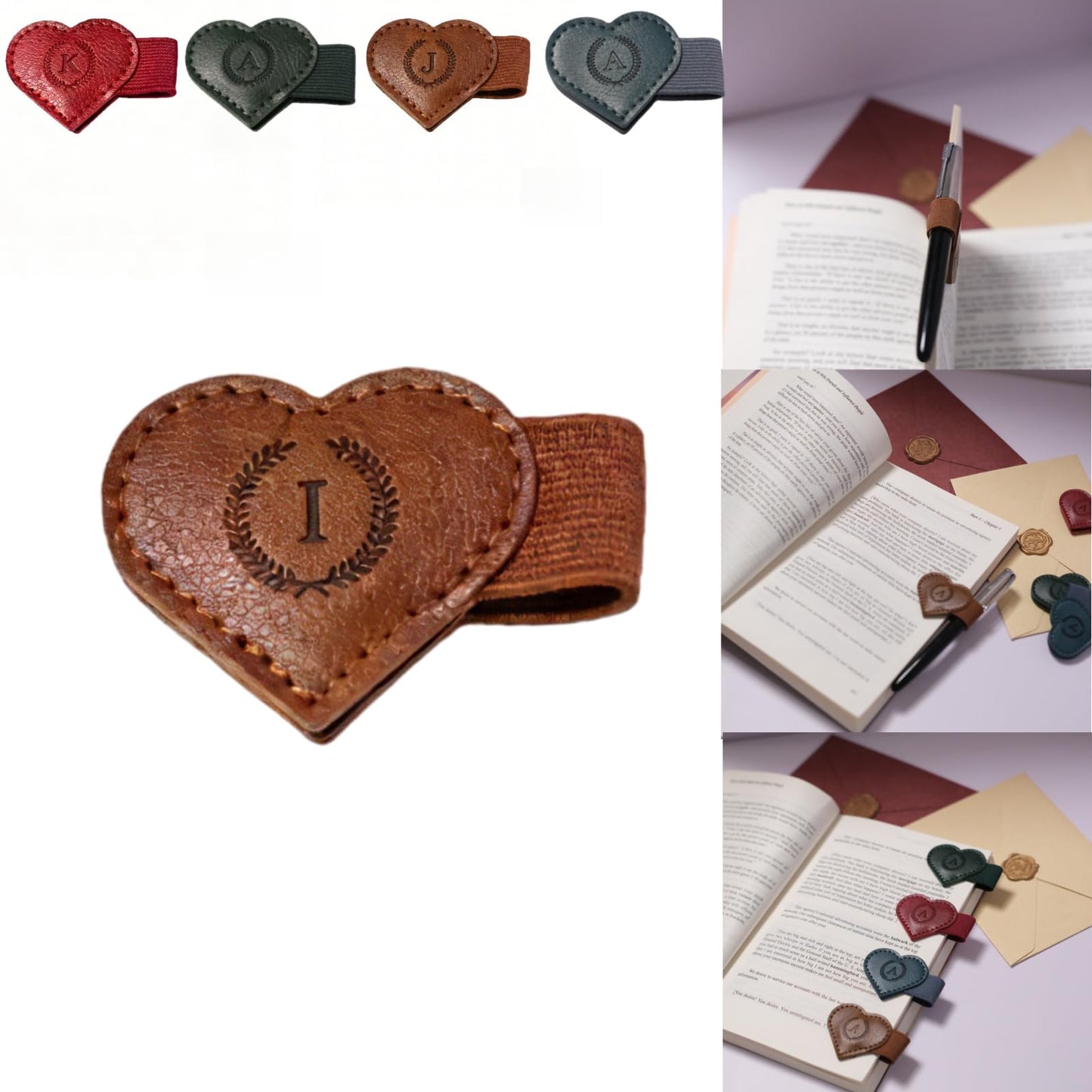Magnetic Leather Bookmarks with Pen Holder, 26 Letters Name Initial Custom Personalized Heart-Shaped Book Marks for Book Lover Readers, Bygone Cute Leather Bookmark Gift for Women,Girls (Red,J)