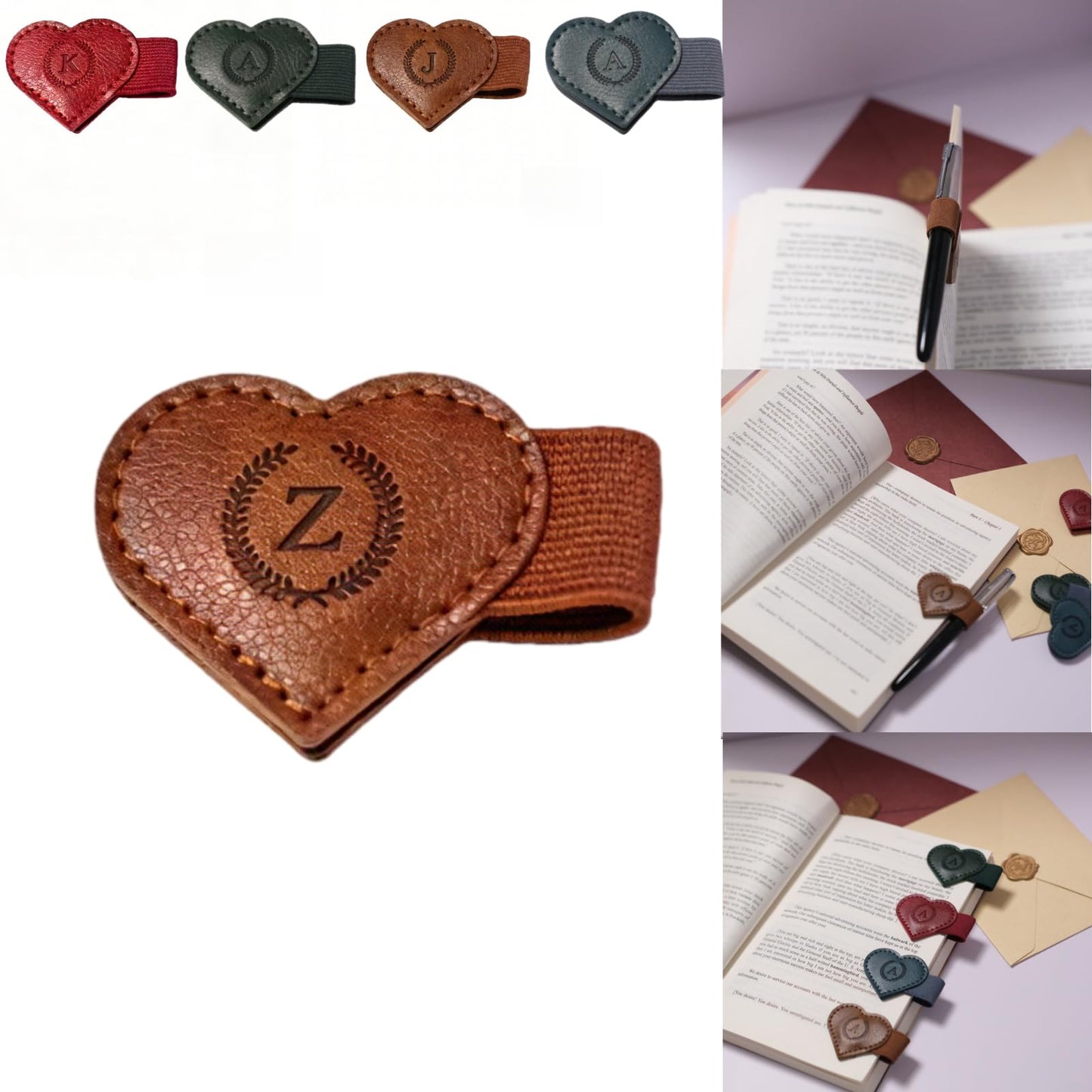Magnetic Leather Bookmarks with Pen Holder, 26 Letters Name Initial Custom Personalized Heart-Shaped Book Marks for Book Lover Readers, Bygone Cute Leather Bookmark Gift for Women,Girls (Red,J)