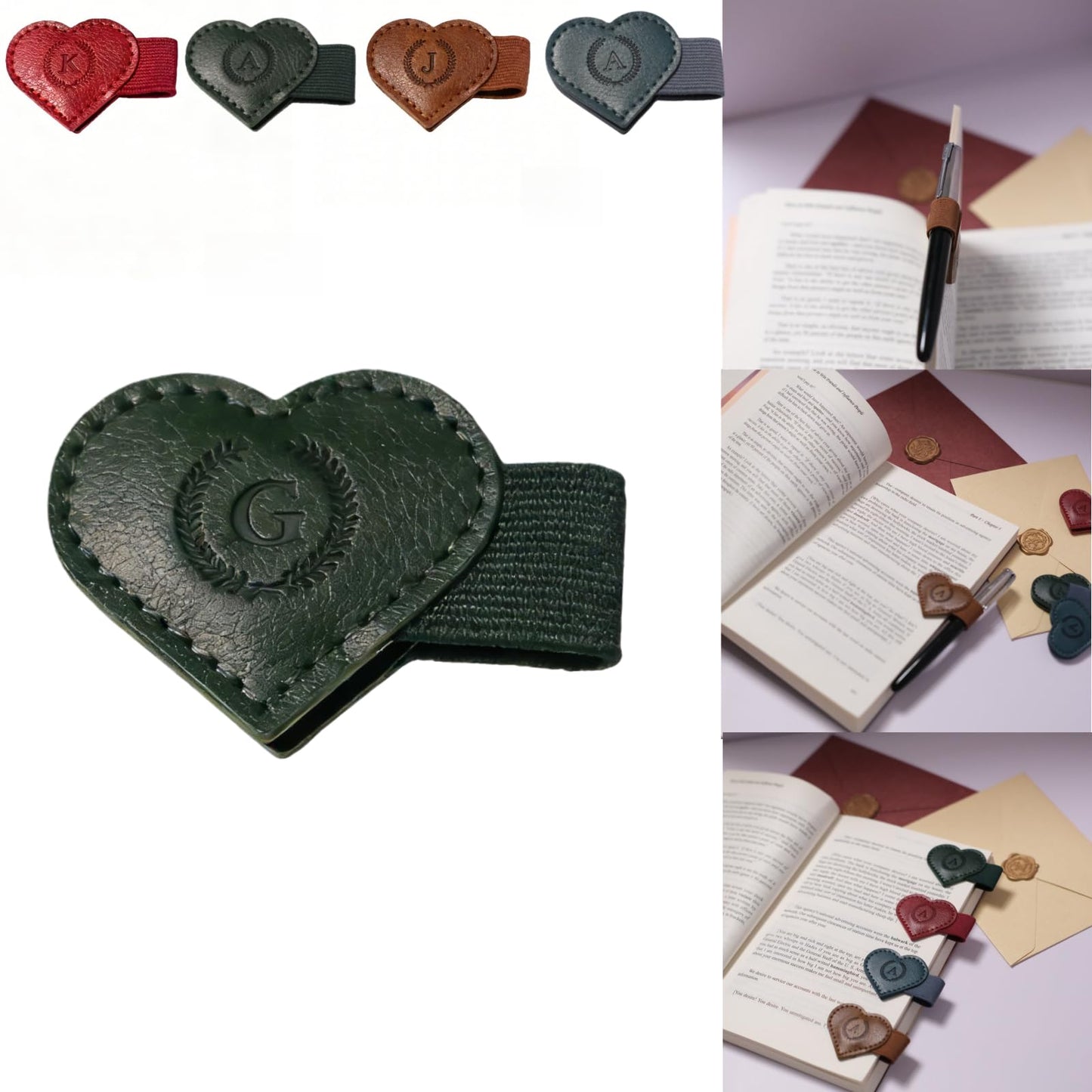 Magnetic Leather Bookmarks with Pen Holder, 26 Letters Name Initial Custom Personalized Heart-Shaped Book Marks for Book Lover Readers, Bygone Cute Leather Bookmark Gift for Women,Girls (Red,J)
