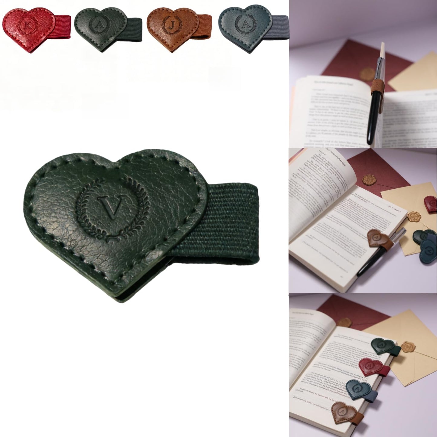 Magnetic Leather Bookmarks with Pen Holder, 26 Letters Name Initial Custom Personalized Heart-Shaped Book Marks for Book Lover Readers, Bygone Cute Leather Bookmark Gift for Women,Girls (Red,J)