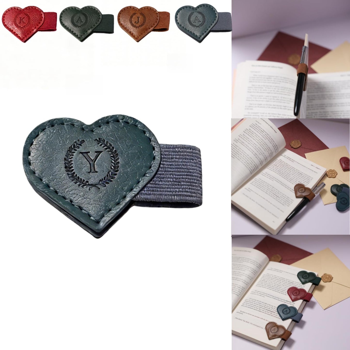 Magnetic Leather Bookmarks with Pen Holder, 26 Letters Name Initial Custom Personalized Heart-Shaped Book Marks for Book Lover Readers, Bygone Cute Leather Bookmark Gift for Women,Girls (Red,J)