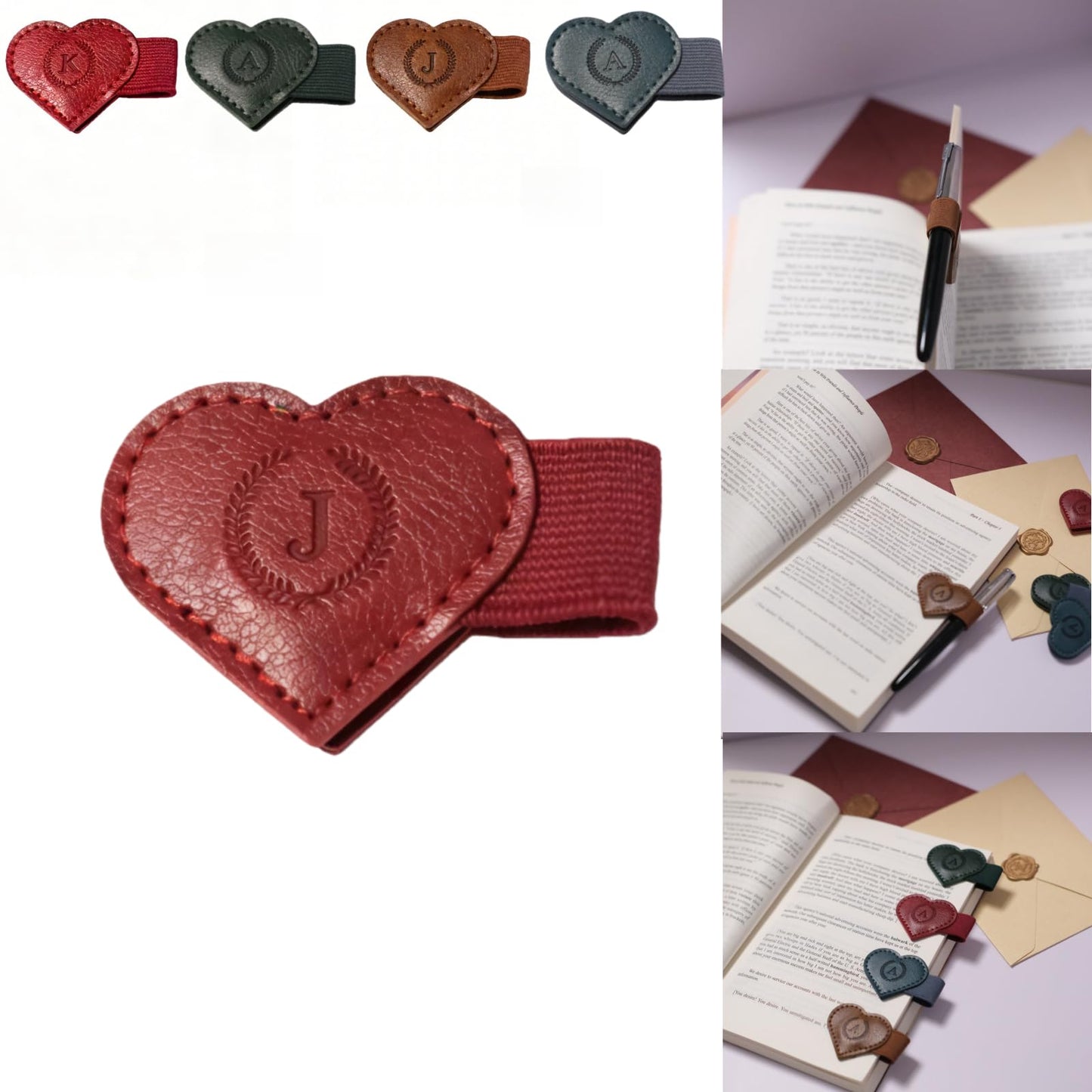 Magnetic Leather Bookmarks with Pen Holder, 26 Letters Name Initial Custom Personalized Heart-Shaped Book Marks for Book Lover Readers, Bygone Cute Leather Bookmark Gift for Women,Girls (Red,J)