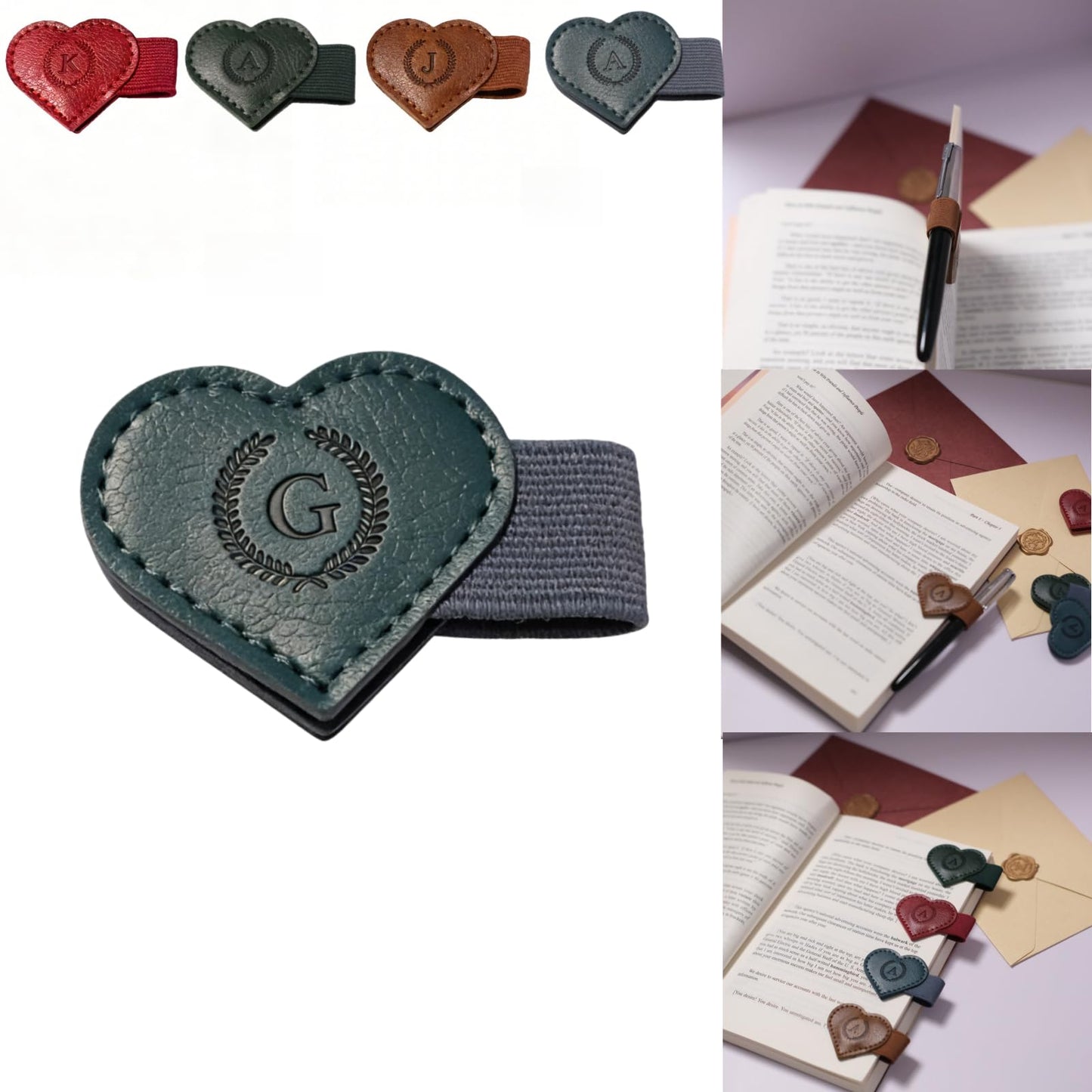 Magnetic Leather Bookmarks with Pen Holder, 26 Letters Name Initial Custom Personalized Heart-Shaped Book Marks for Book Lover Readers, Bygone Cute Leather Bookmark Gift for Women,Girls (Red,J)