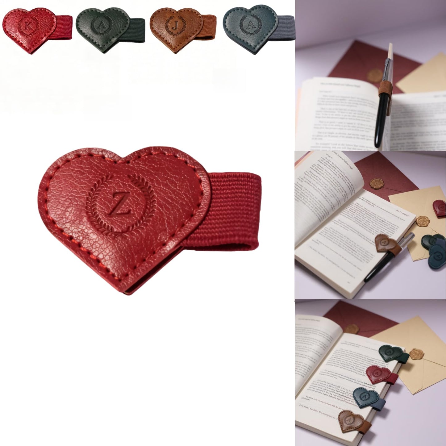 Magnetic Leather Bookmarks with Pen Holder, 26 Letters Name Initial Custom Personalized Heart-Shaped Book Marks for Book Lover Readers, Bygone Cute Leather Bookmark Gift for Women,Girls (Red,J)