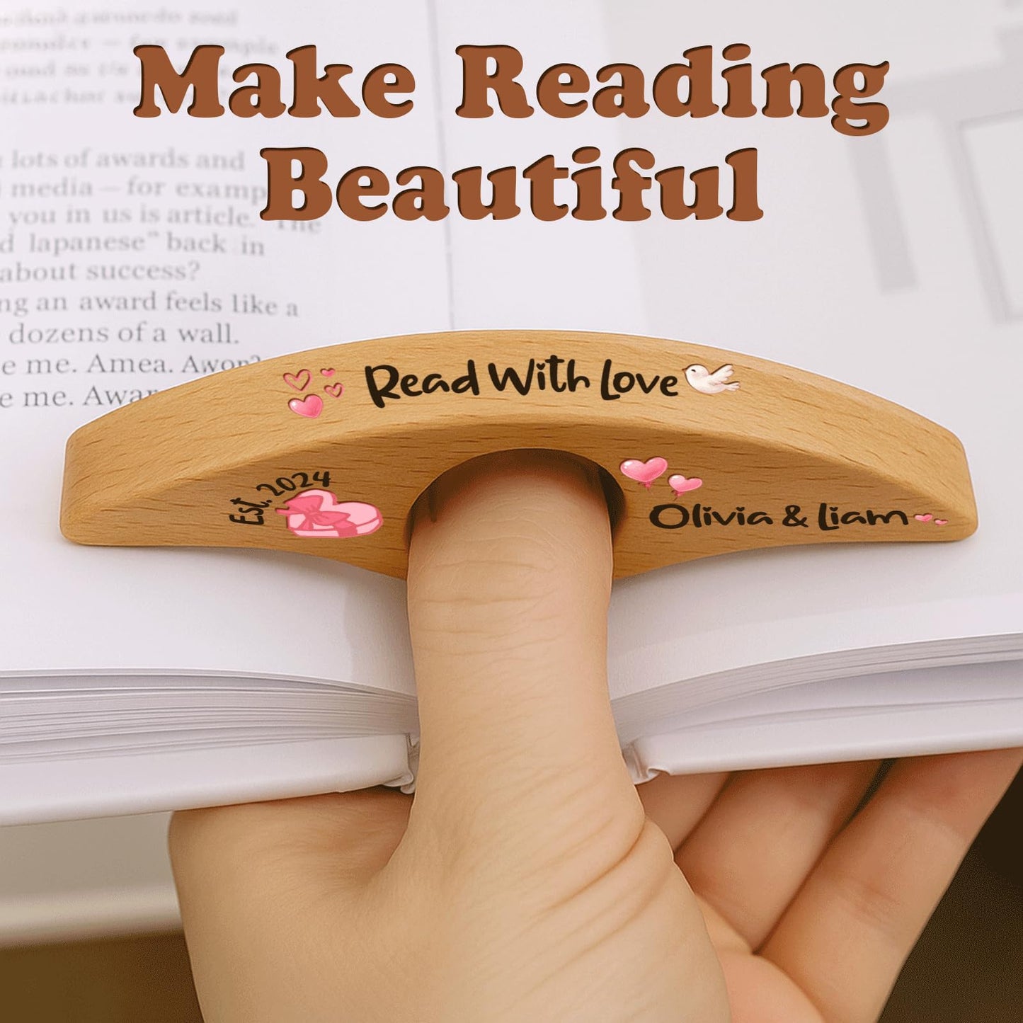 Personalized Valentines Book Page Holder, Custom Wooden Thumb Page Holder with Name, Book Accessories for Reading Lovers, Personalized Bookish Couple Gift for Her Girlfriend Wife Style 01