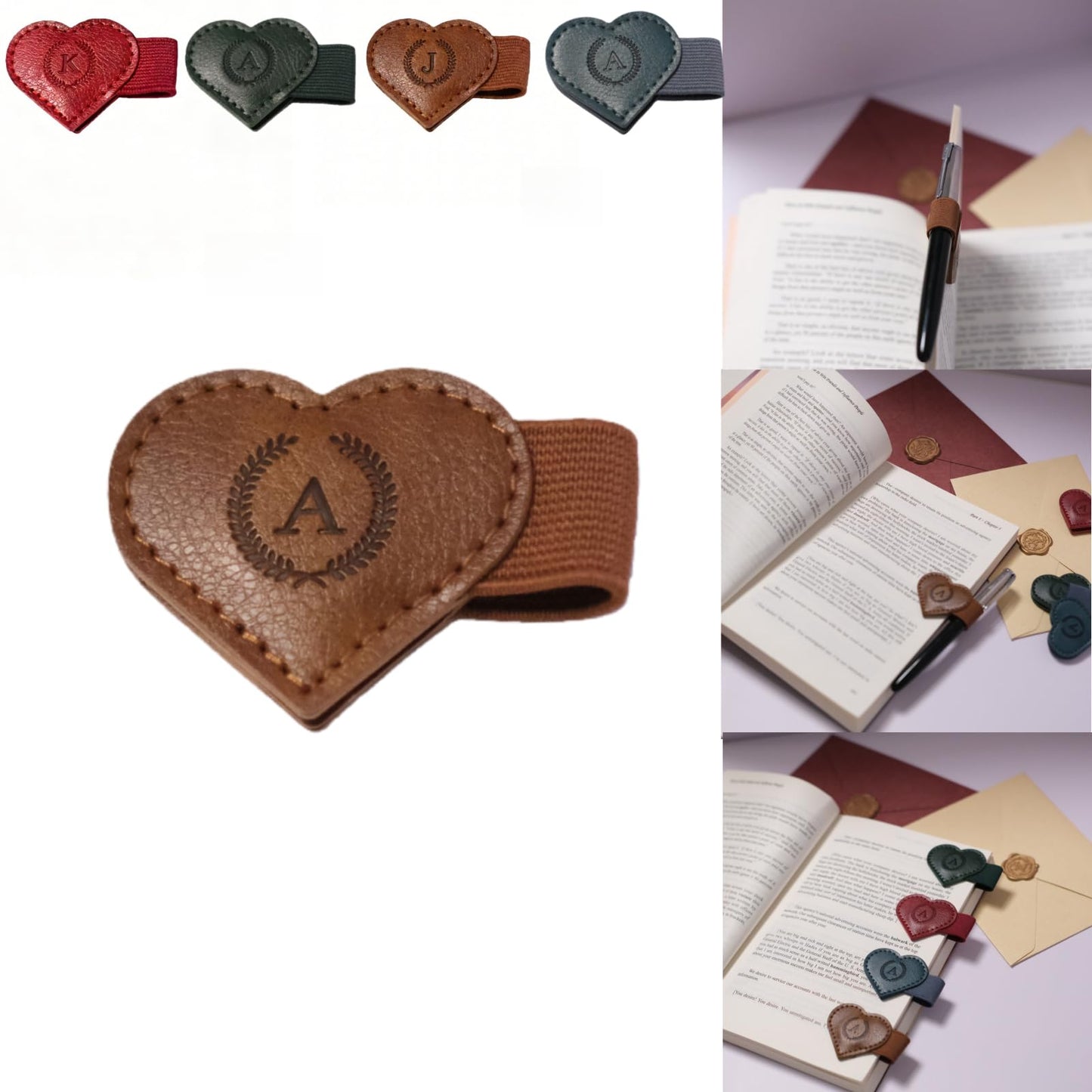 Magnetic Leather Bookmarks with Pen Holder, 26 Letters Name Initial Custom Personalized Heart-Shaped Book Marks for Book Lover Readers, Bygone Cute Leather Bookmark Gift for Women,Girls (Red,J)