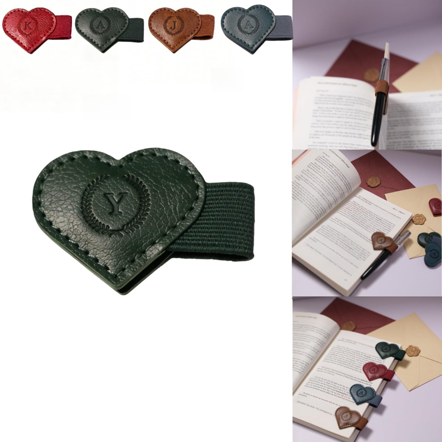 Magnetic Leather Bookmarks with Pen Holder, 26 Letters Name Initial Custom Personalized Heart-Shaped Book Marks for Book Lover Readers, Bygone Cute Leather Bookmark Gift for Women,Girls (Red,J)