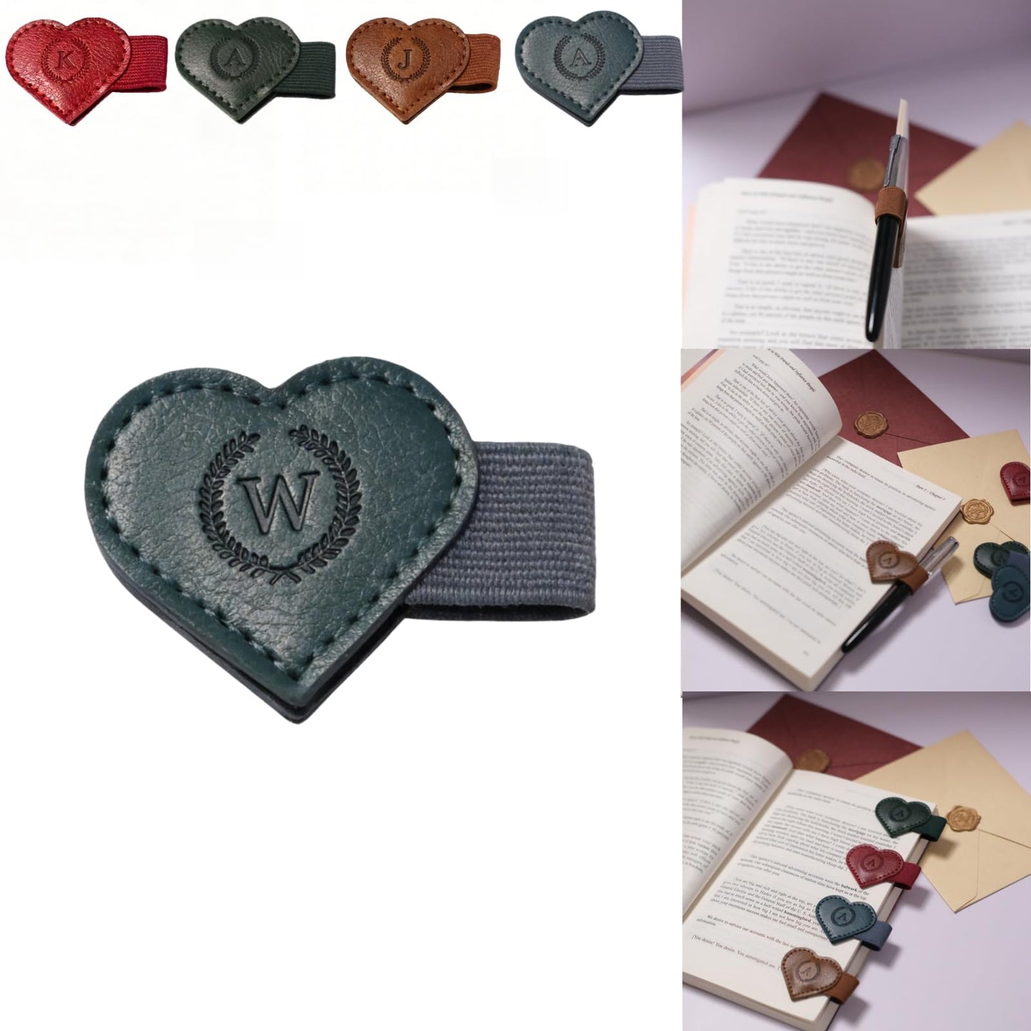Magnetic Leather Bookmarks with Pen Holder, 26 Letters Name Initial Custom Personalized Heart-Shaped Book Marks for Book Lover Readers, Bygone Cute Leather Bookmark Gift for Women,Girls (Red,J)