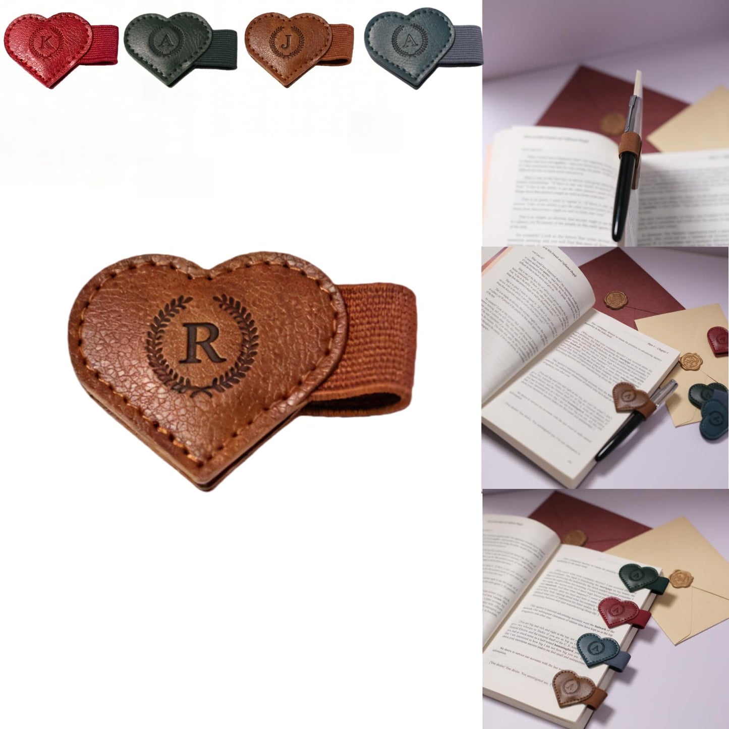 Magnetic Leather Bookmarks with Pen Holder, 26 Letters Name Initial Custom Personalized Heart-Shaped Book Marks for Book Lover Readers, Bygone Cute Leather Bookmark Gift for Women,Girls (Red,J)