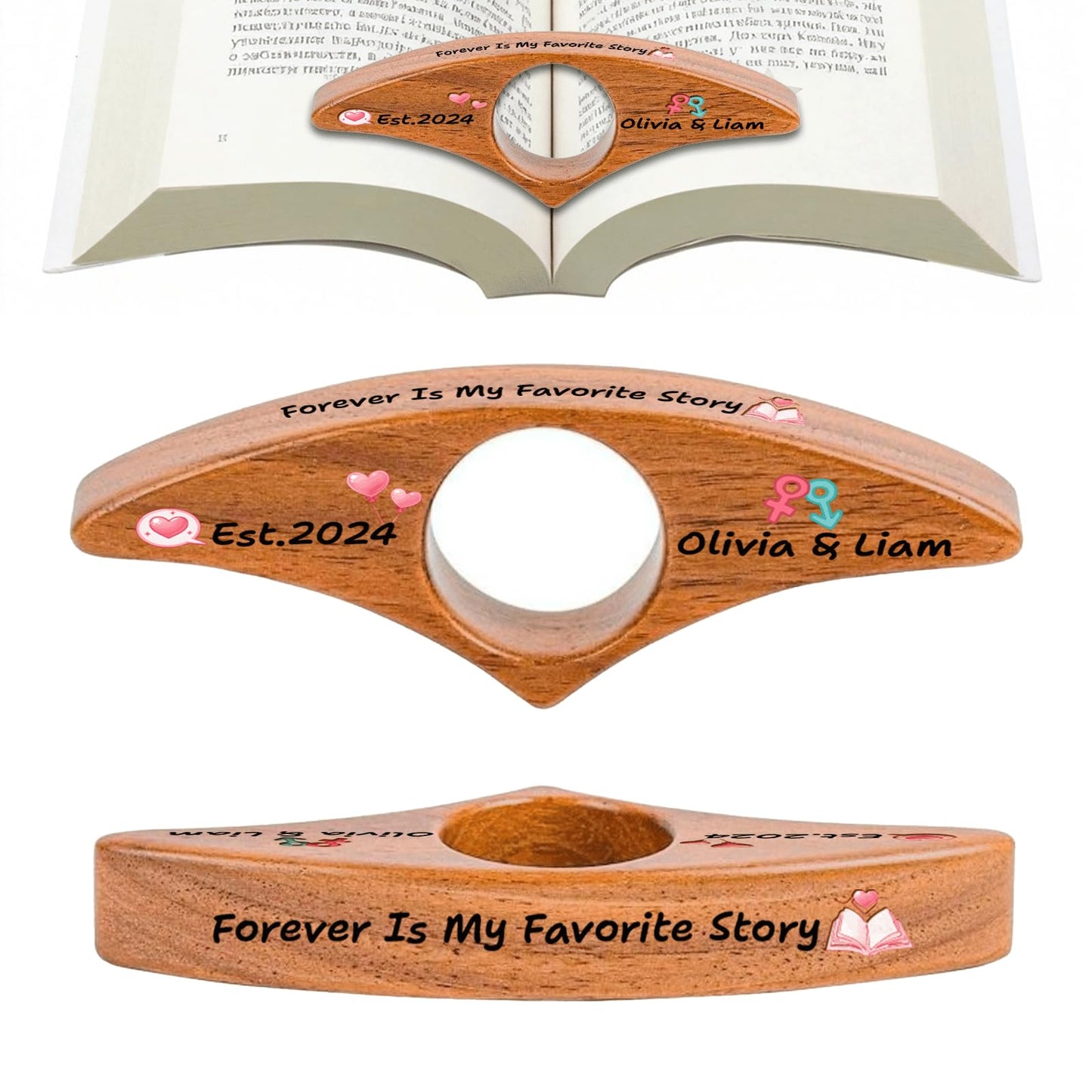Personalized Valentines Book Page Holder, Custom Wooden Thumb Page Holder with Name, Book Accessories for Reading Lovers, Personalized Bookish Couple Gift for Her Girlfriend Wife Style 01