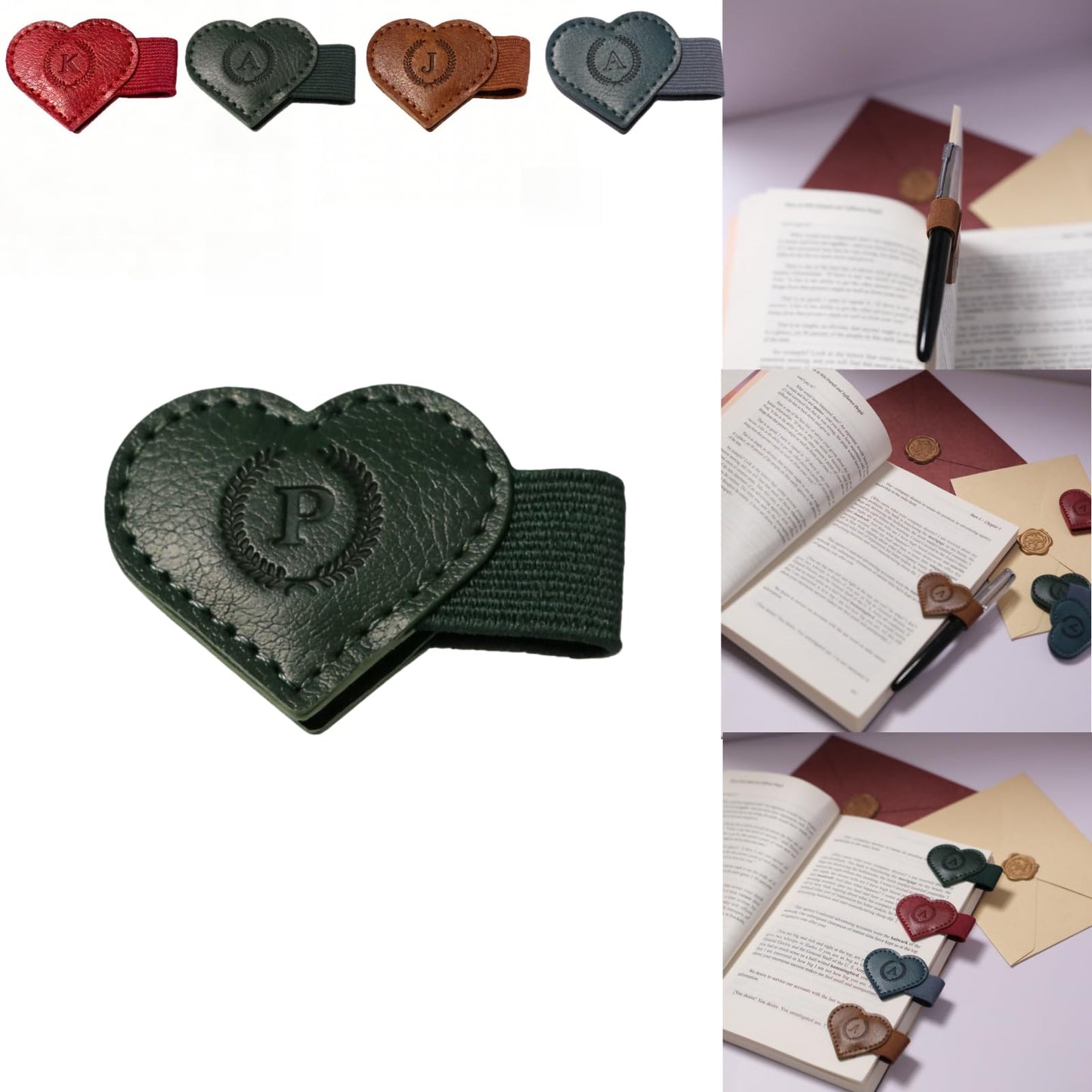Magnetic Leather Bookmarks with Pen Holder, 26 Letters Name Initial Custom Personalized Heart-Shaped Book Marks for Book Lover Readers, Bygone Cute Leather Bookmark Gift for Women,Girls (Red,J)