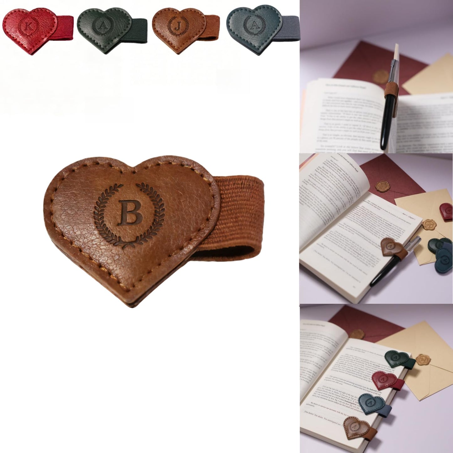 Magnetic Leather Bookmarks with Pen Holder, 26 Letters Name Initial Custom Personalized Heart-Shaped Book Marks for Book Lover Readers, Bygone Cute Leather Bookmark Gift for Women,Girls (Red,J)