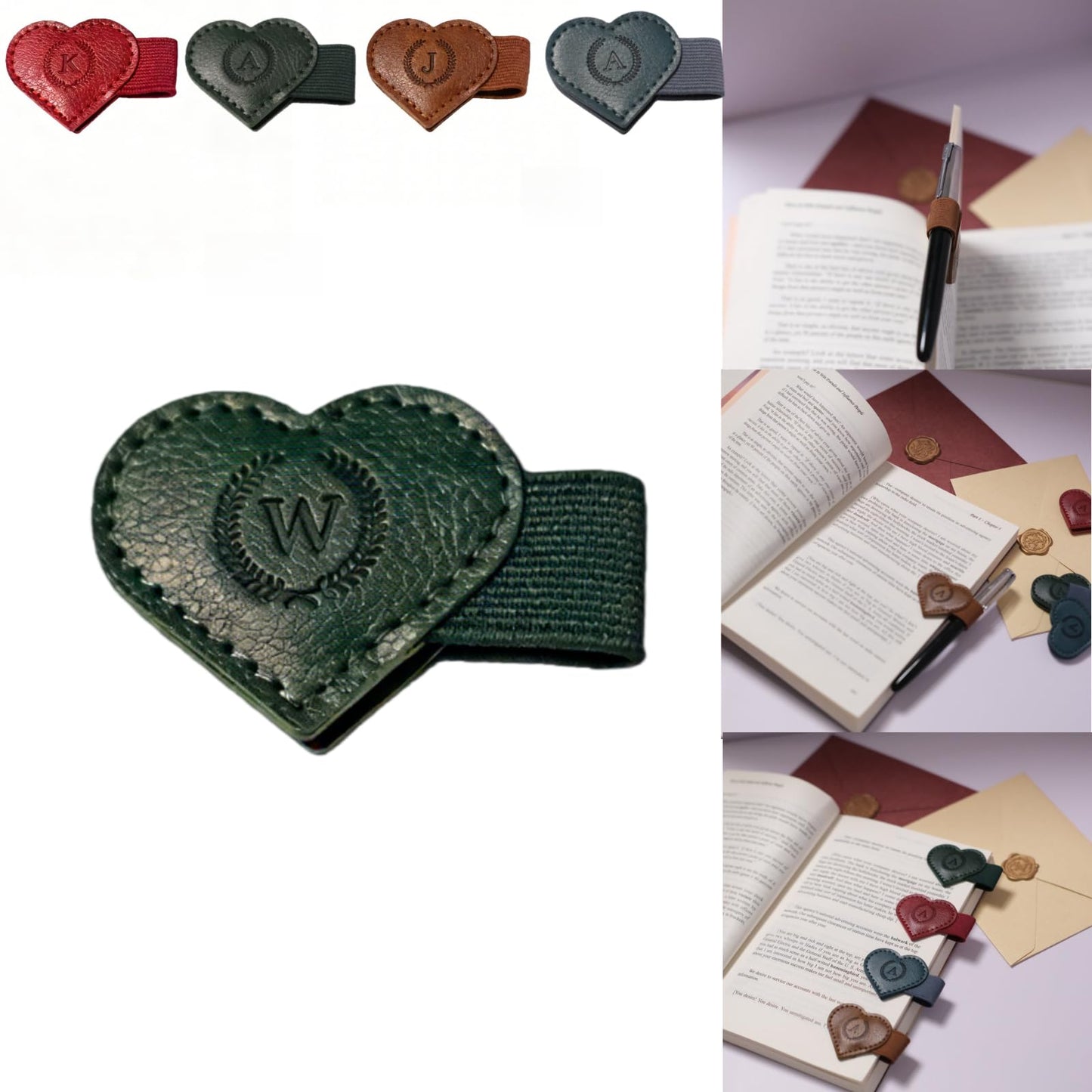 Magnetic Leather Bookmarks with Pen Holder, 26 Letters Name Initial Custom Personalized Heart-Shaped Book Marks for Book Lover Readers, Bygone Cute Leather Bookmark Gift for Women,Girls (Red,J)