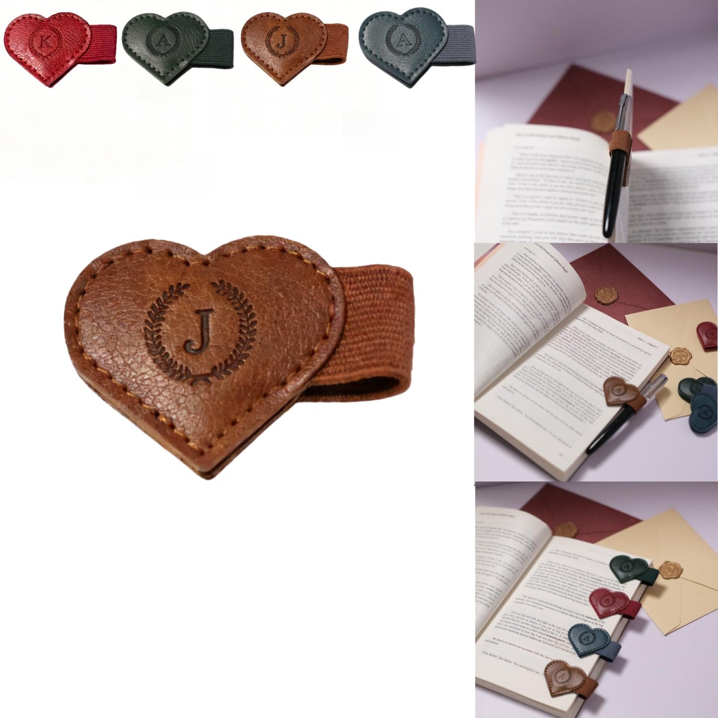 Magnetic Leather Bookmarks with Pen Holder, 26 Letters Name Initial Custom Personalized Heart-Shaped Book Marks for Book Lover Readers, Bygone Cute Leather Bookmark Gift for Women,Girls (Red,J)