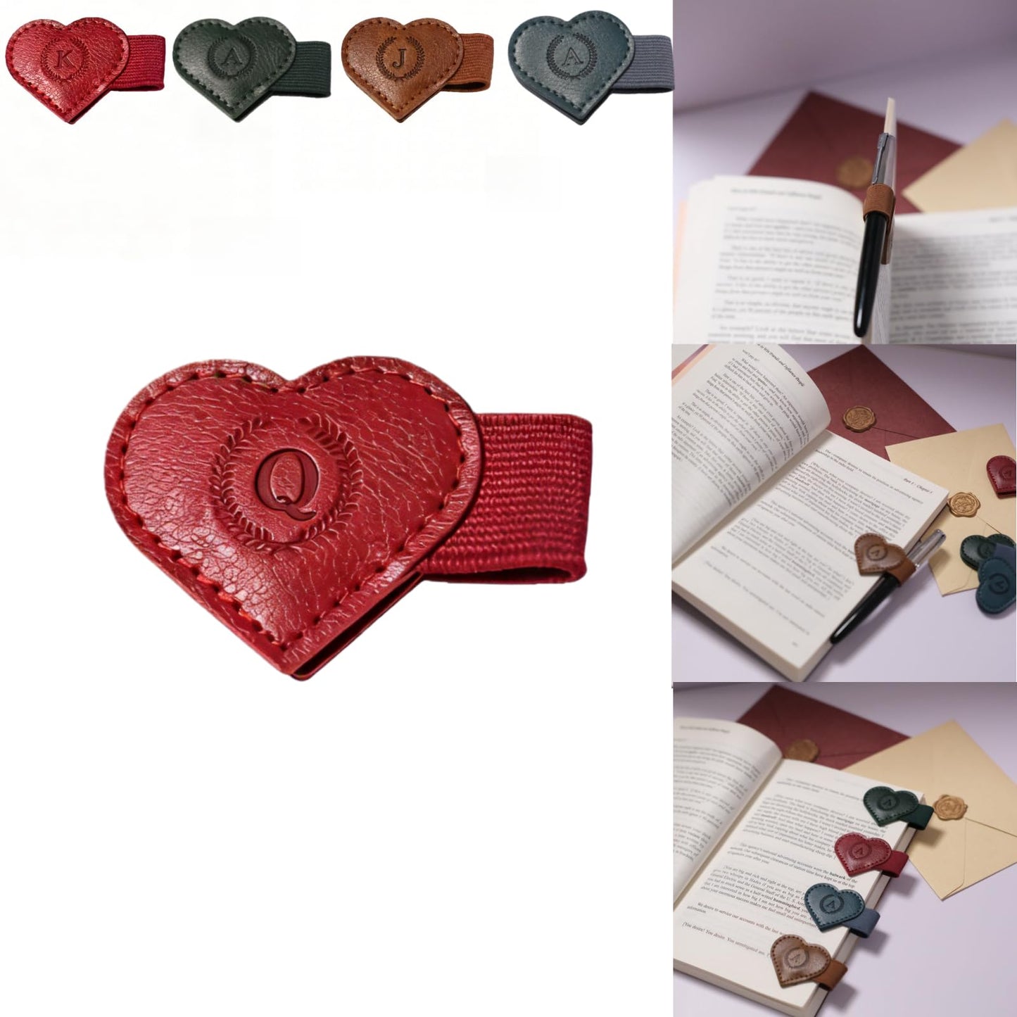 Magnetic Leather Bookmarks with Pen Holder, 26 Letters Name Initial Custom Personalized Heart-Shaped Book Marks for Book Lover Readers, Bygone Cute Leather Bookmark Gift for Women,Girls (Red,J)