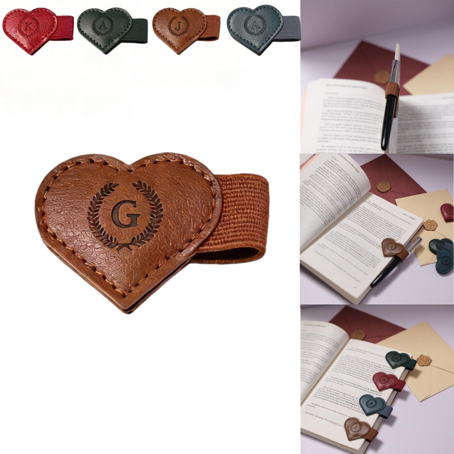 Magnetic Leather Bookmarks with Pen Holder, 26 Letters Name Initial Custom Personalized Heart-Shaped Book Marks for Book Lover Readers, Bygone Cute Leather Bookmark Gift for Women,Girls (Red,J)
