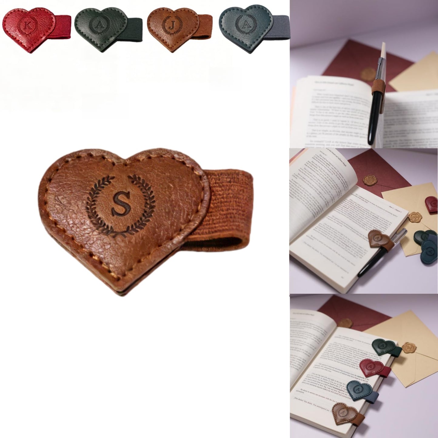 Magnetic Leather Bookmarks with Pen Holder, 26 Letters Name Initial Custom Personalized Heart-Shaped Book Marks for Book Lover Readers, Bygone Cute Leather Bookmark Gift for Women,Girls (Red,J)
