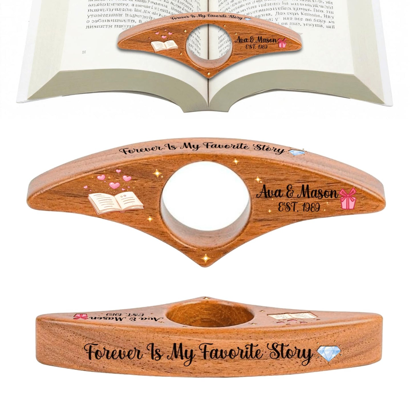 Personalized Valentines Book Page Holder, Custom Wooden Thumb Page Holder with Name, Book Accessories for Reading Lovers, Personalized Bookish Couple Gift for Her Girlfriend Wife Style 01