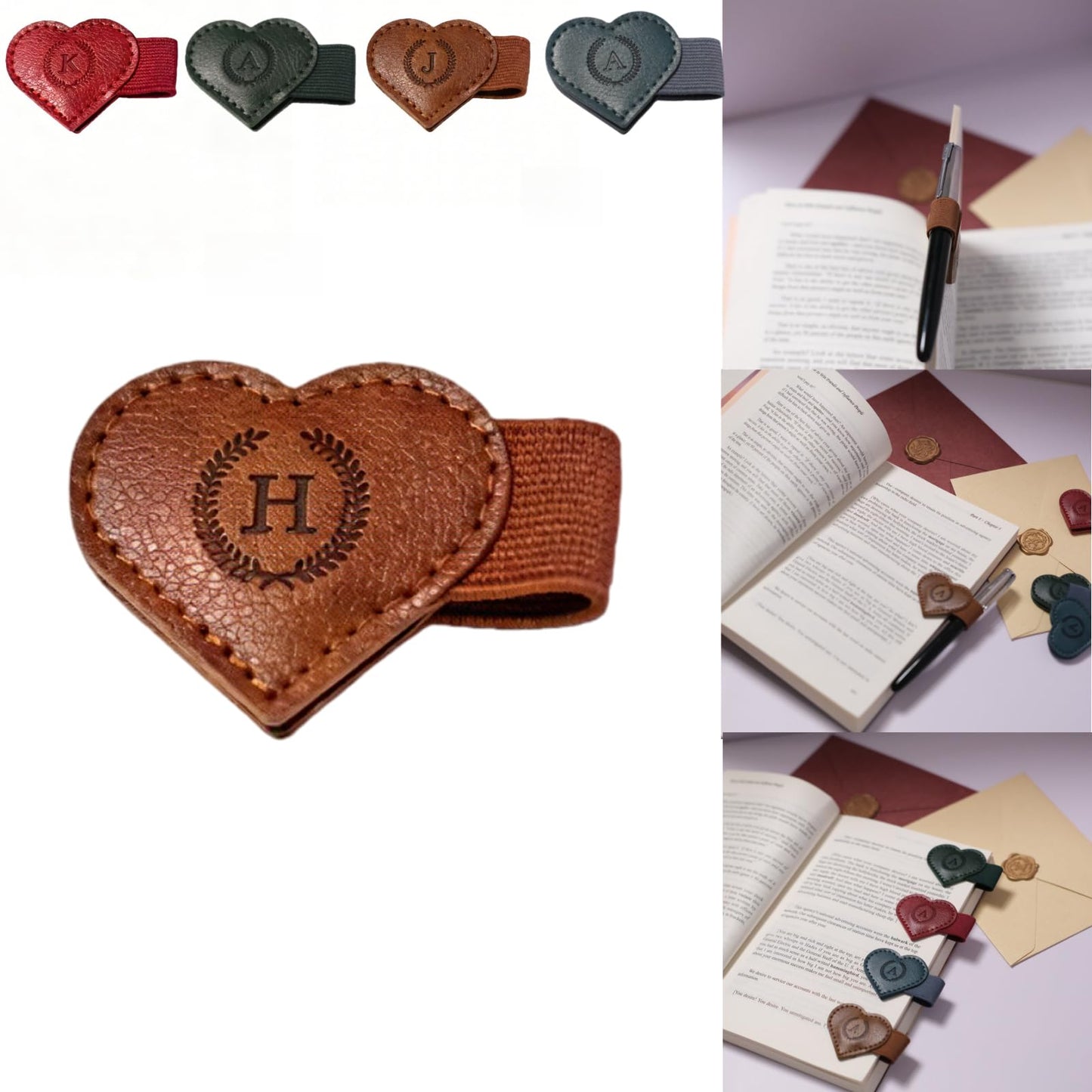 Magnetic Leather Bookmarks with Pen Holder, 26 Letters Name Initial Custom Personalized Heart-Shaped Book Marks for Book Lover Readers, Bygone Cute Leather Bookmark Gift for Women,Girls (Red,J)