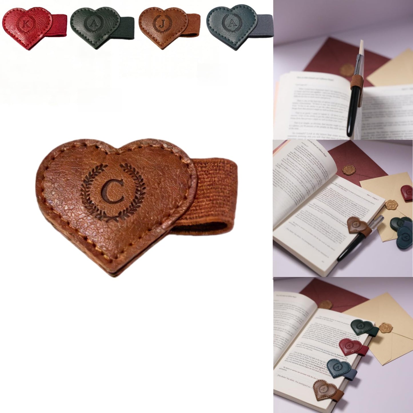Magnetic Leather Bookmarks with Pen Holder, 26 Letters Name Initial Custom Personalized Heart-Shaped Book Marks for Book Lover Readers, Bygone Cute Leather Bookmark Gift for Women,Girls (Red,J)