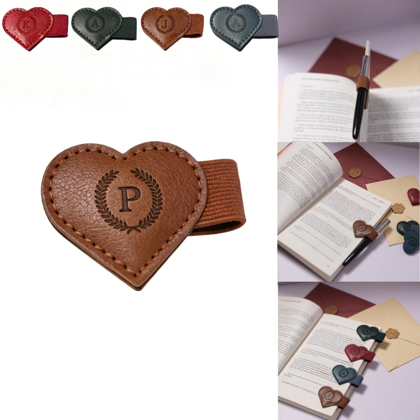 Magnetic Leather Bookmarks with Pen Holder, 26 Letters Name Initial Custom Personalized Heart-Shaped Book Marks for Book Lover Readers, Bygone Cute Leather Bookmark Gift for Women,Girls (Red,J)