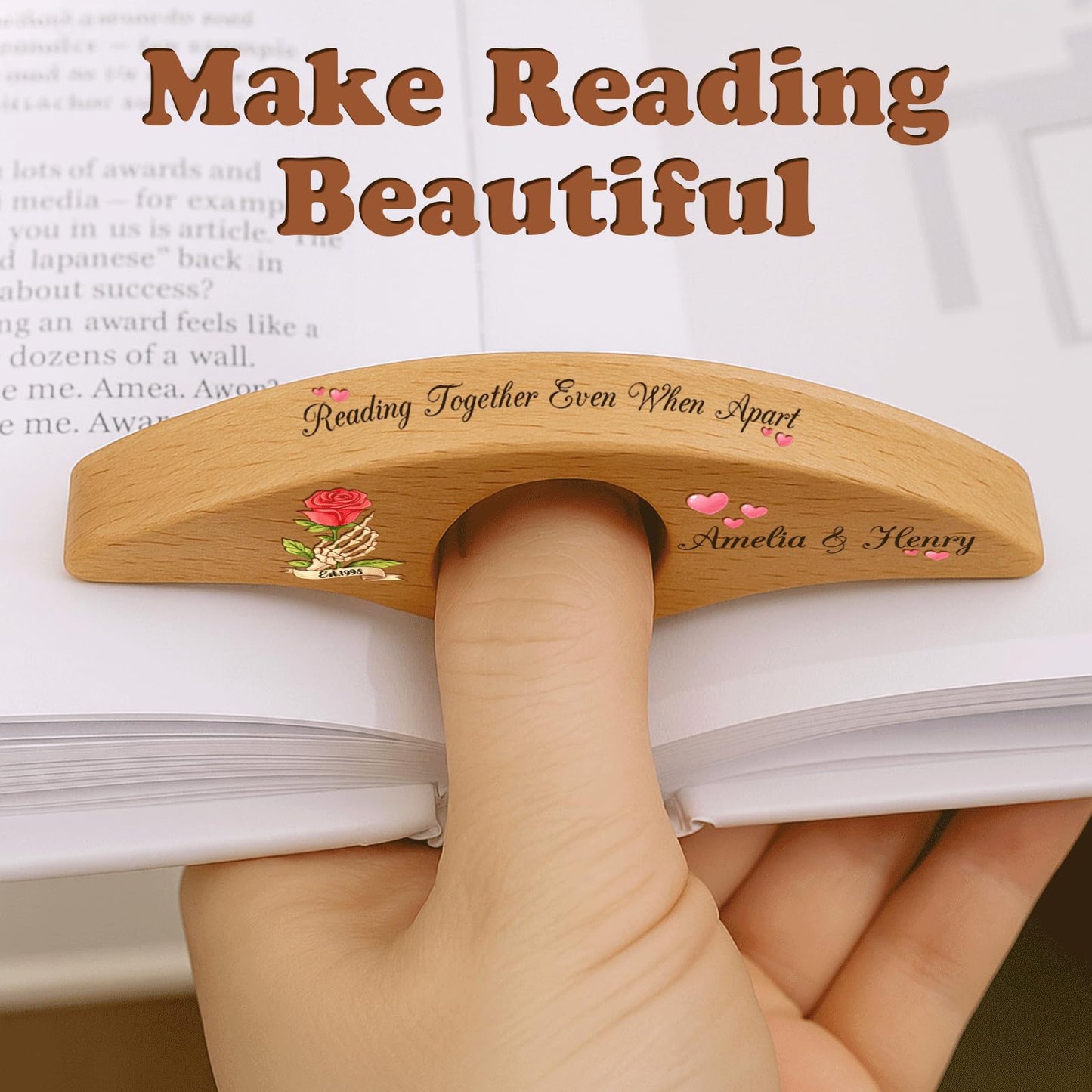 Personalized Valentines Book Page Holder, Custom Wooden Thumb Page Holder with Name, Book Accessories for Reading Lovers, Personalized Bookish Couple Gift for Her Girlfriend Wife Style 01