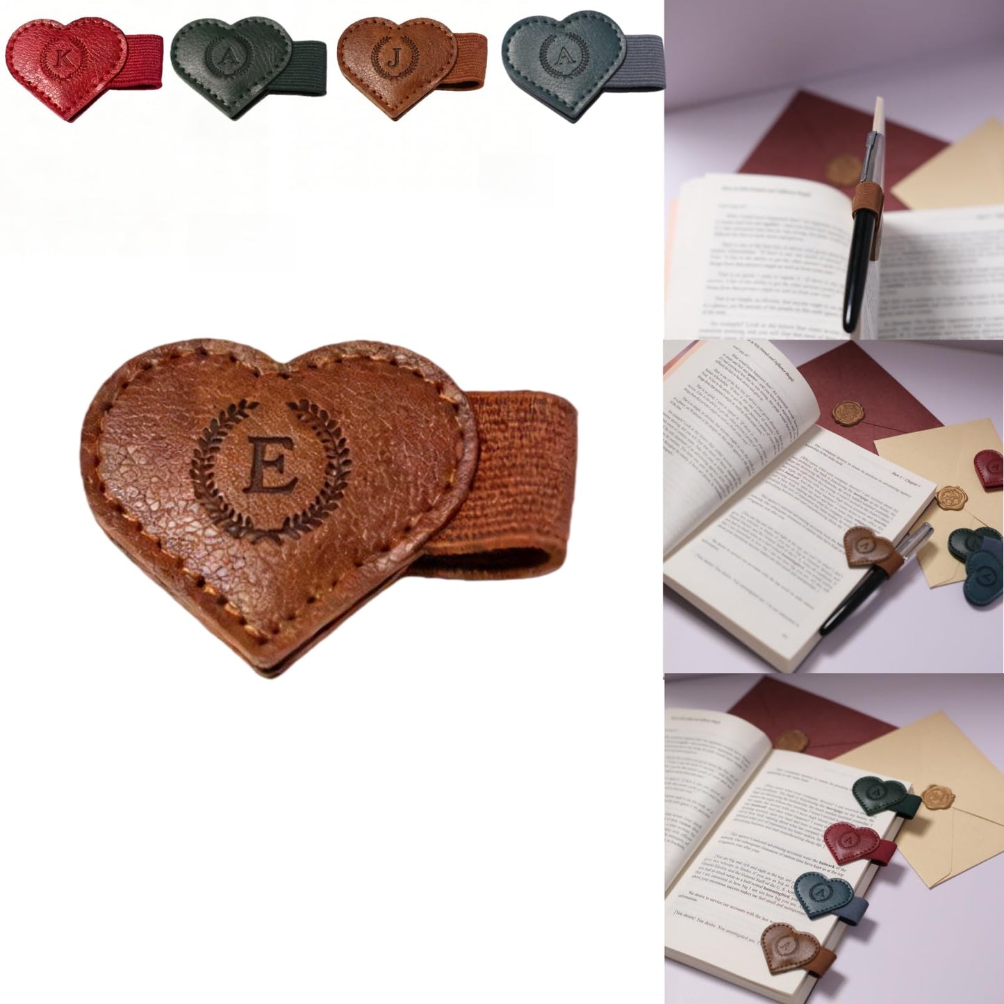 Magnetic Leather Bookmarks with Pen Holder, 26 Letters Name Initial Custom Personalized Heart-Shaped Book Marks for Book Lover Readers, Bygone Cute Leather Bookmark Gift for Women,Girls (Red,J)