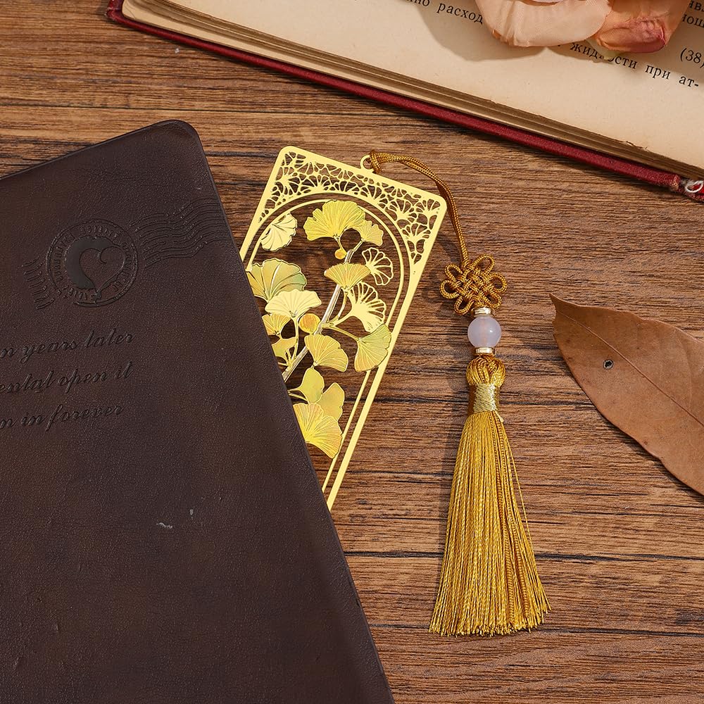 2pcs Bookmark Ginkgo Leaf Theme Elegant Natural Book Marks Set with Tassel, Cute Bookmarks for Writers, Kids, Teens, Men Readers, Reading Accessories Gifts for Book Lovers
