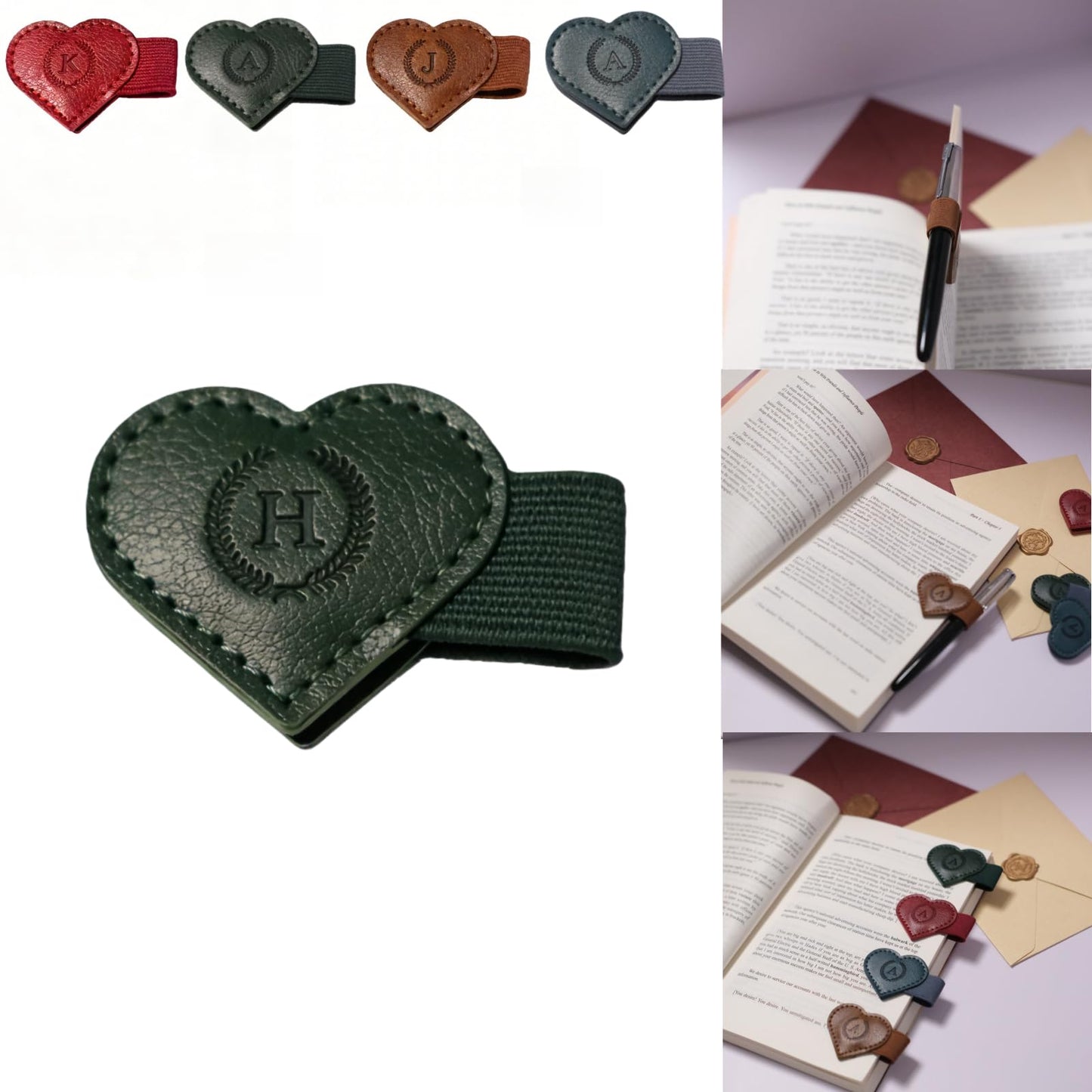 Magnetic Leather Bookmarks with Pen Holder, 26 Letters Name Initial Custom Personalized Heart-Shaped Book Marks for Book Lover Readers, Bygone Cute Leather Bookmark Gift for Women,Girls (Red,J)