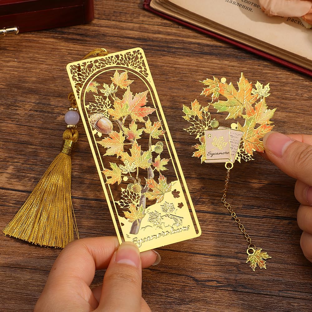 2pcs Bookmark Ginkgo Leaf Theme Elegant Natural Book Marks Set with Tassel, Cute Bookmarks for Writers, Kids, Teens, Men Readers, Reading Accessories Gifts for Book Lovers