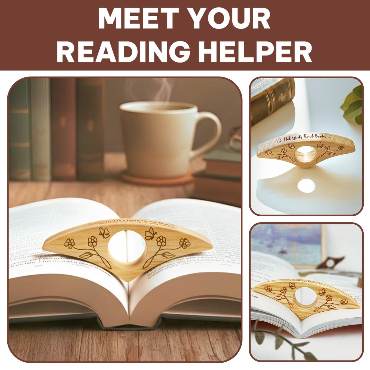 Book Page Holder, Thumb Book Page Holders, Wooden Holder for Readings, Gifts for Book Lovers Teachers Appreciation Gifts, Reading Accessories (Walnut - Just A Girl Who Loves Books)