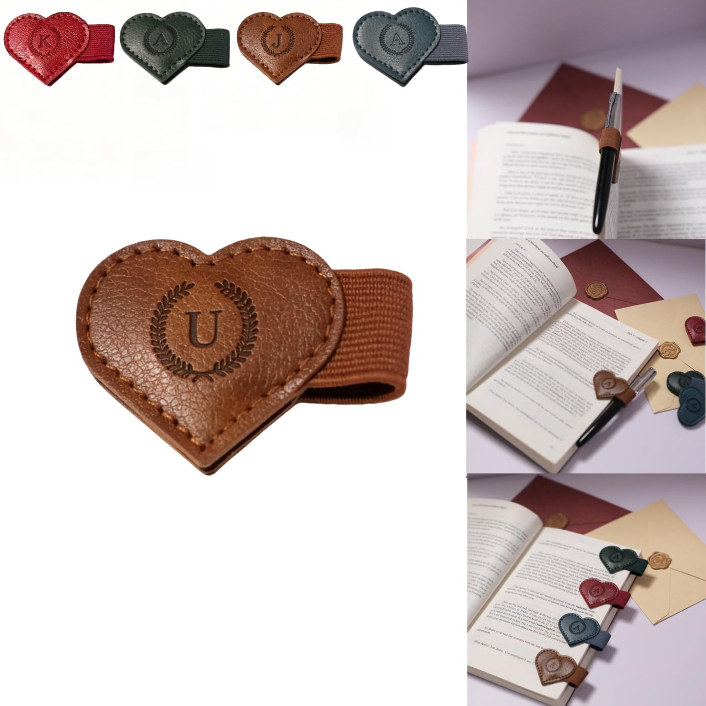 Magnetic Leather Bookmarks with Pen Holder, 26 Letters Name Initial Custom Personalized Heart-Shaped Book Marks for Book Lover Readers, Bygone Cute Leather Bookmark Gift for Women,Girls (Red,J)