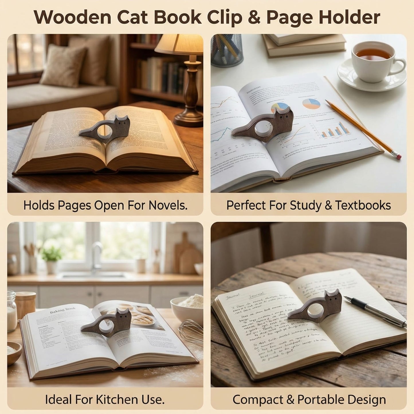 1 Pc Black Walnut Cat-Shaped Book Page Holder, Single-Hand Reading Accessory, Cute Bookmark for Book Lovers, Premium Gift for Women Readers & Cat Enthusiasts