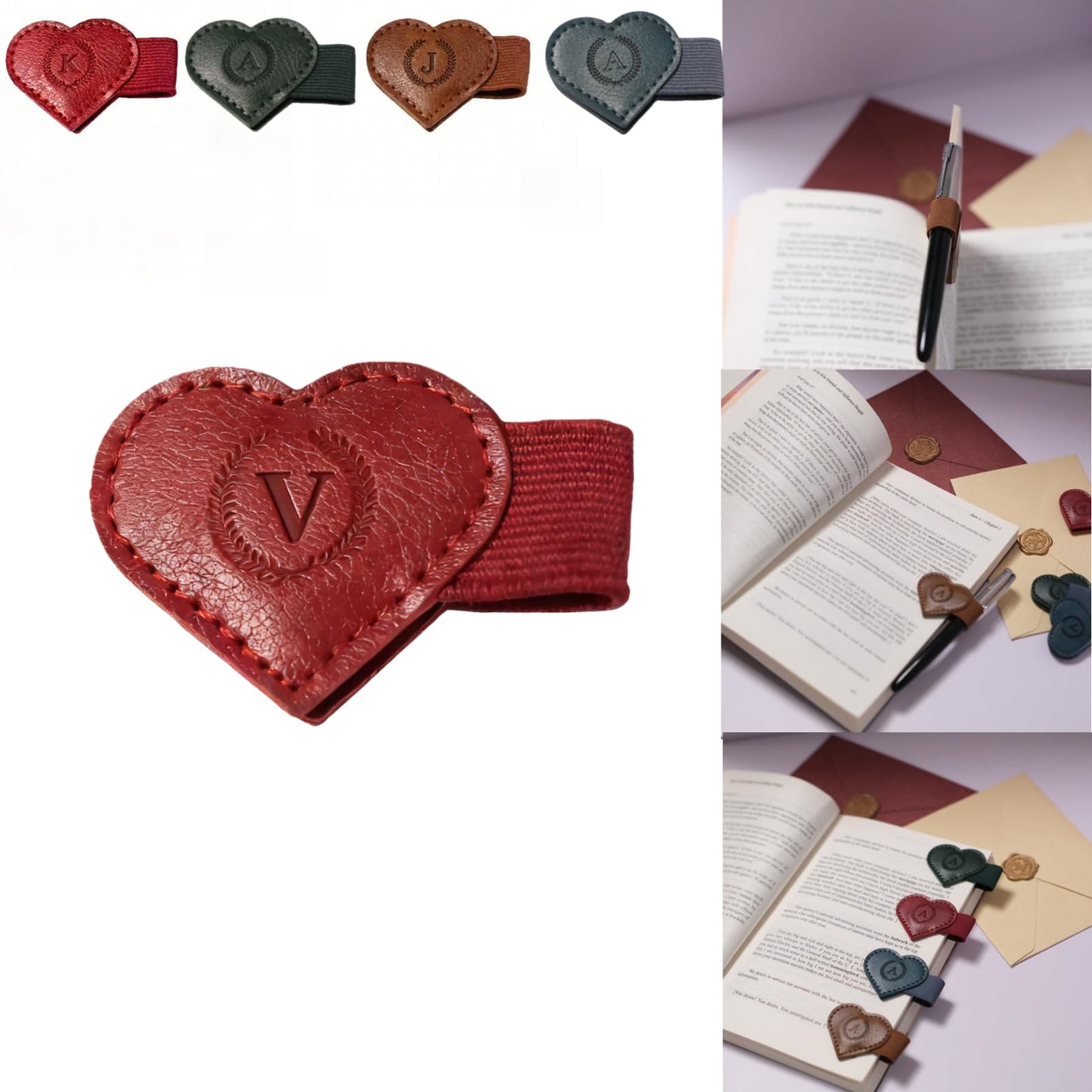 Magnetic Leather Bookmarks with Pen Holder, 26 Letters Name Initial Custom Personalized Heart-Shaped Book Marks for Book Lover Readers, Bygone Cute Leather Bookmark Gift for Women,Girls (Red,J)