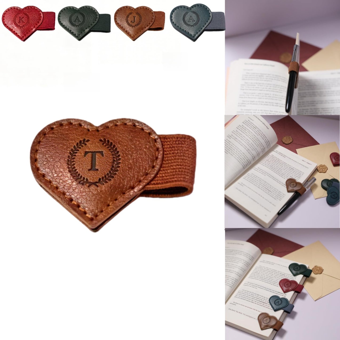 Magnetic Leather Bookmarks with Pen Holder, 26 Letters Name Initial Custom Personalized Heart-Shaped Book Marks for Book Lover Readers, Bygone Cute Leather Bookmark Gift for Women,Girls (Red,J)