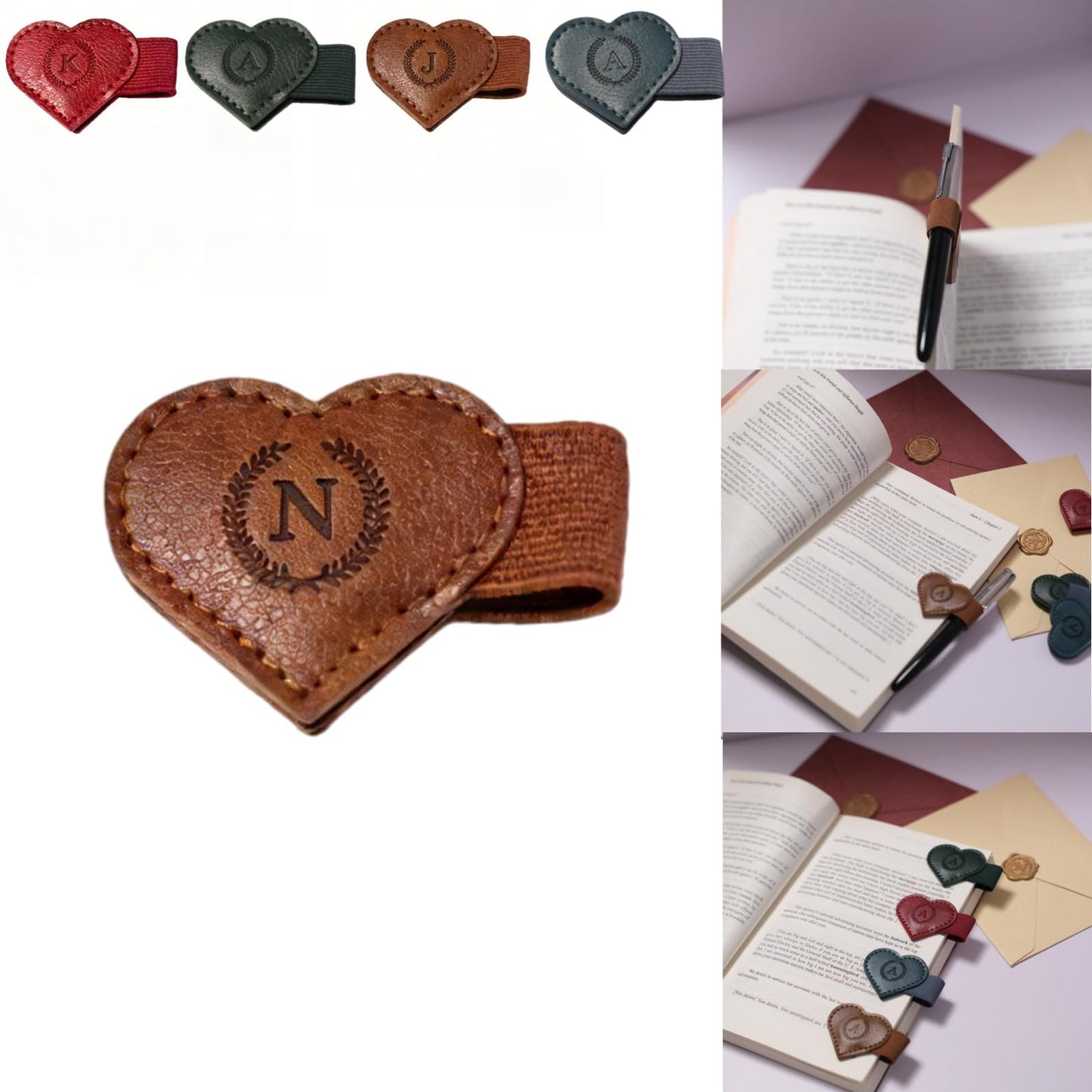 Magnetic Leather Bookmarks with Pen Holder, 26 Letters Name Initial Custom Personalized Heart-Shaped Book Marks for Book Lover Readers, Bygone Cute Leather Bookmark Gift for Women,Girls (Red,J)