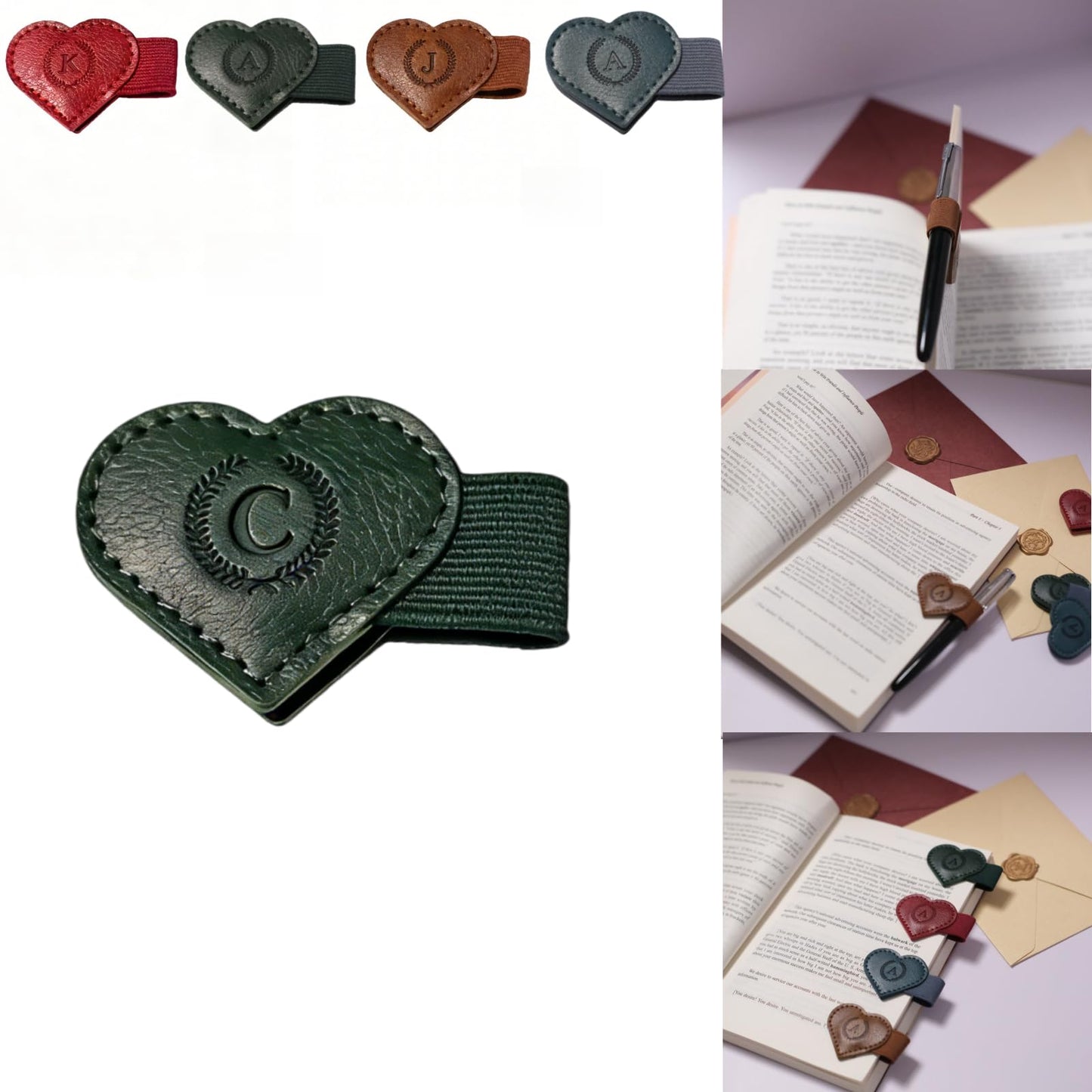 Magnetic Leather Bookmarks with Pen Holder, 26 Letters Name Initial Custom Personalized Heart-Shaped Book Marks for Book Lover Readers, Bygone Cute Leather Bookmark Gift for Women,Girls (Red,J)