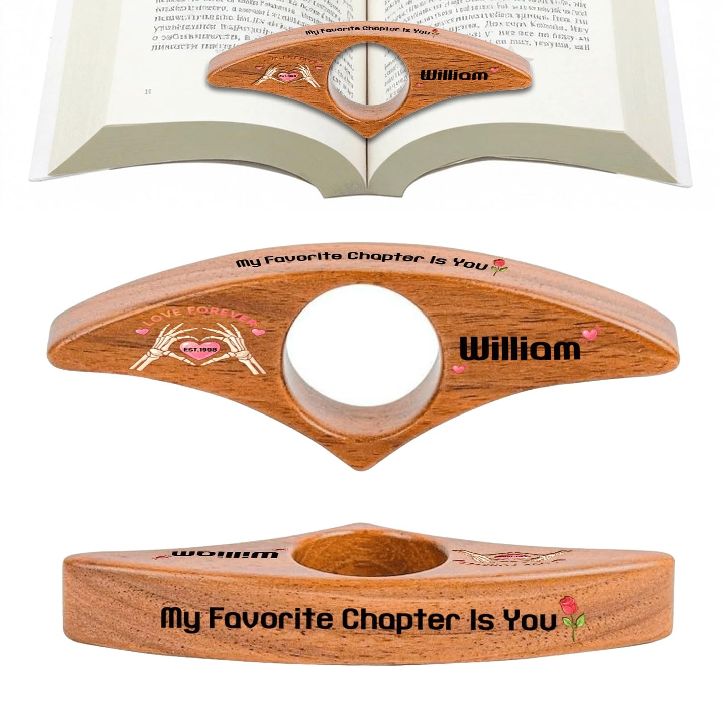 Personalized Valentines Book Page Holder, Custom Wooden Thumb Page Holder with Name, Book Accessories for Reading Lovers, Personalized Bookish Couple Gift for Her Girlfriend Wife Style 01