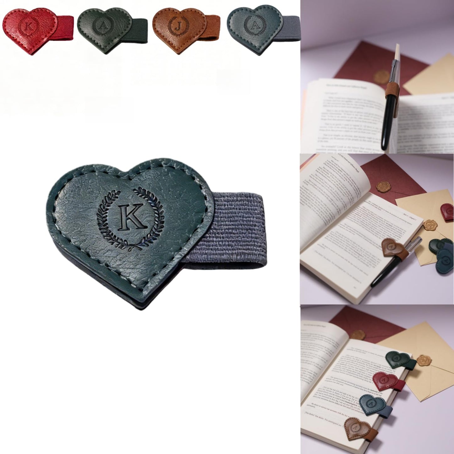 Magnetic Leather Bookmarks with Pen Holder, 26 Letters Name Initial Custom Personalized Heart-Shaped Book Marks for Book Lover Readers, Bygone Cute Leather Bookmark Gift for Women,Girls (Red,J)