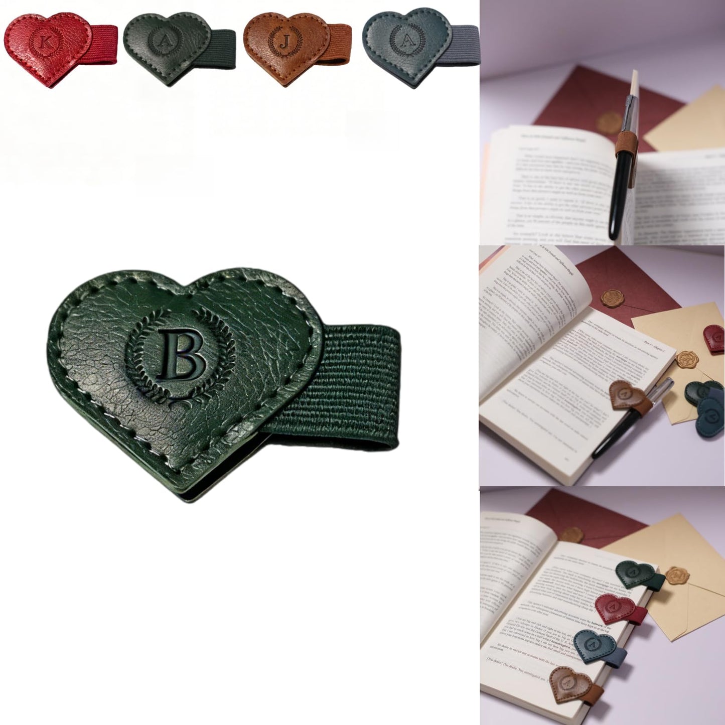 Magnetic Leather Bookmarks with Pen Holder, 26 Letters Name Initial Custom Personalized Heart-Shaped Book Marks for Book Lover Readers, Bygone Cute Leather Bookmark Gift for Women,Girls (Red,J)