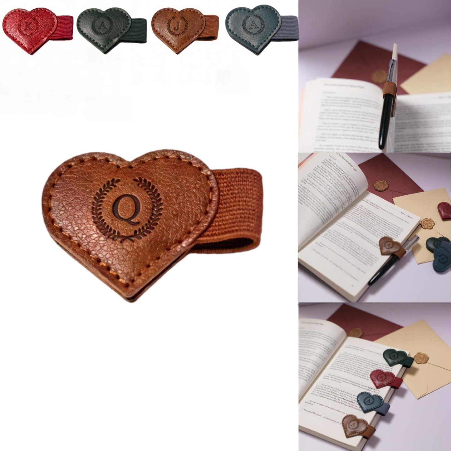 Magnetic Leather Bookmarks with Pen Holder, 26 Letters Name Initial Custom Personalized Heart-Shaped Book Marks for Book Lover Readers, Bygone Cute Leather Bookmark Gift for Women,Girls (Red,J)