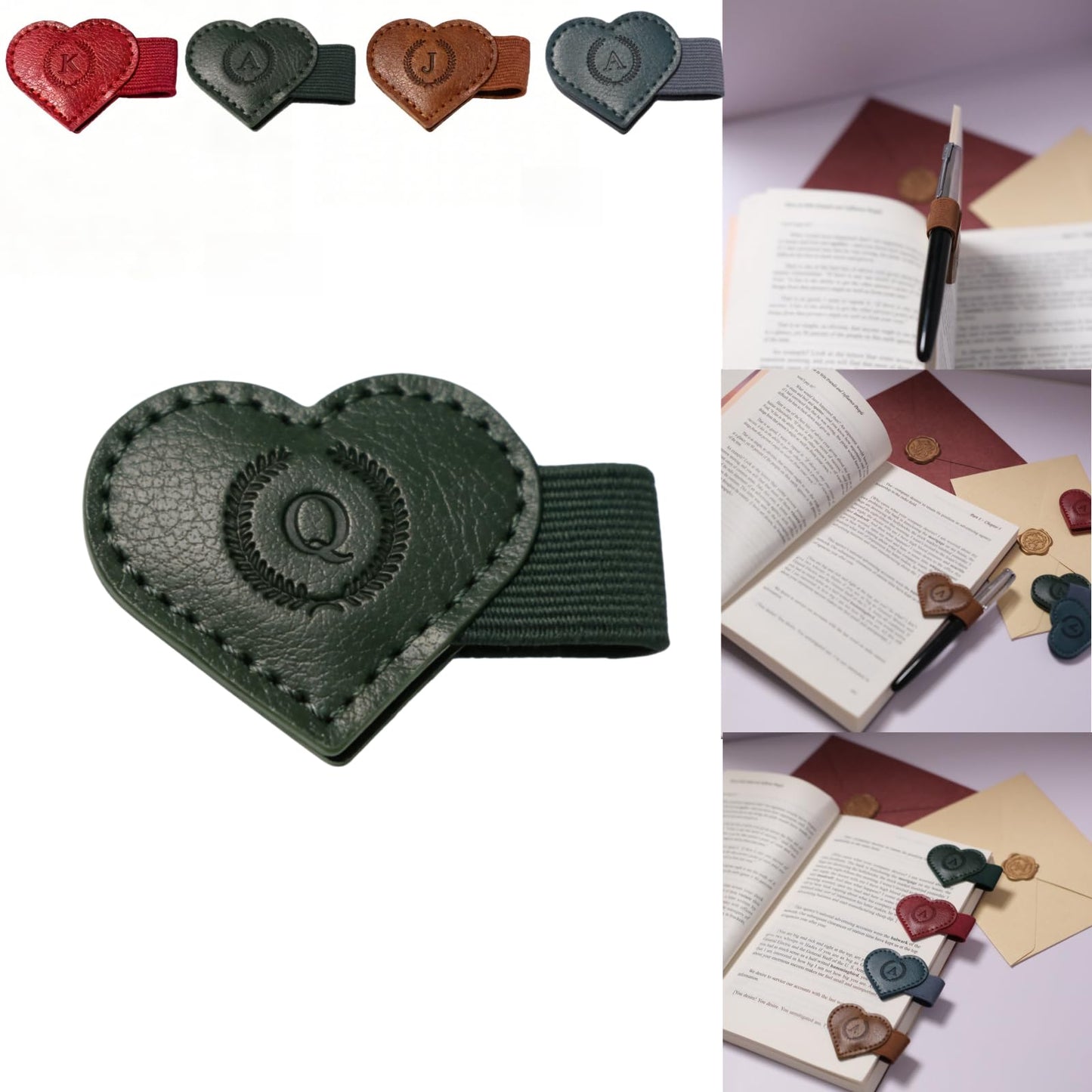 Magnetic Leather Bookmarks with Pen Holder, 26 Letters Name Initial Custom Personalized Heart-Shaped Book Marks for Book Lover Readers, Bygone Cute Leather Bookmark Gift for Women,Girls (Red,J)