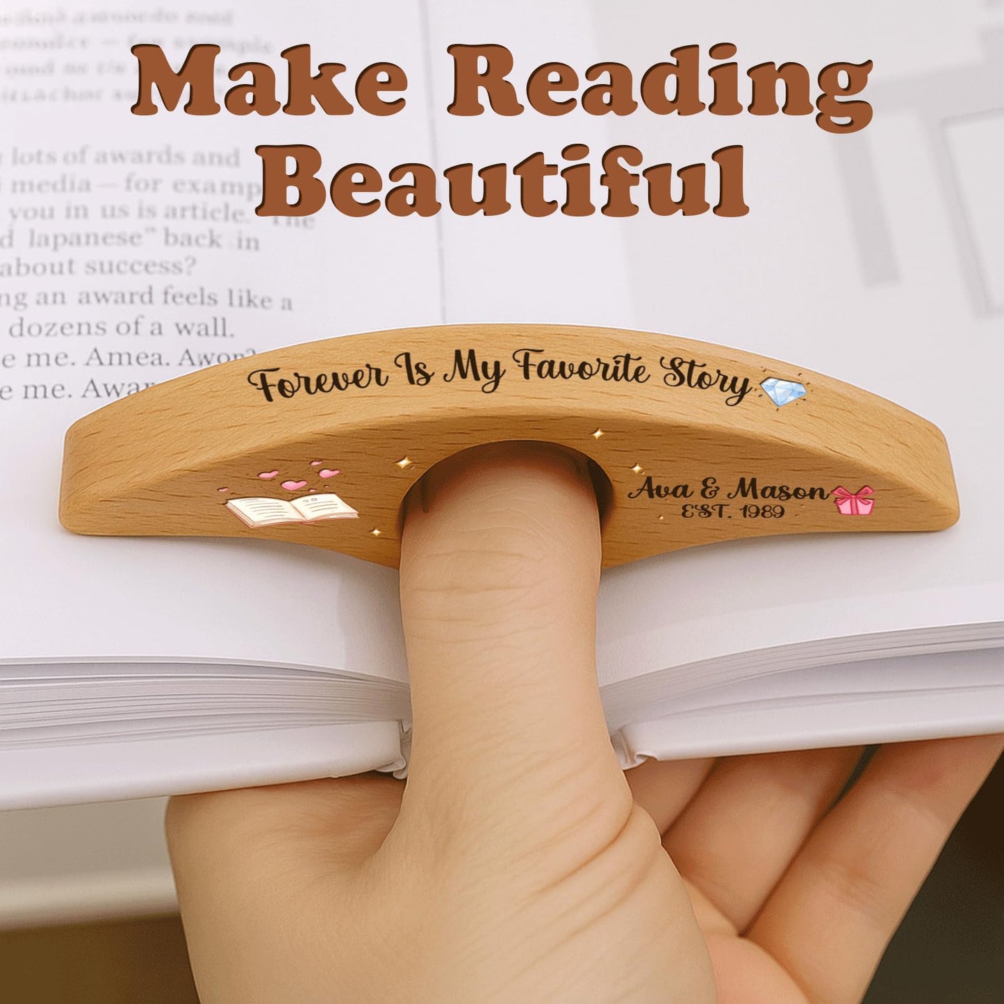 Personalized Valentines Book Page Holder, Custom Wooden Thumb Page Holder with Name, Book Accessories for Reading Lovers, Personalized Bookish Couple Gift for Her Girlfriend Wife Style 01