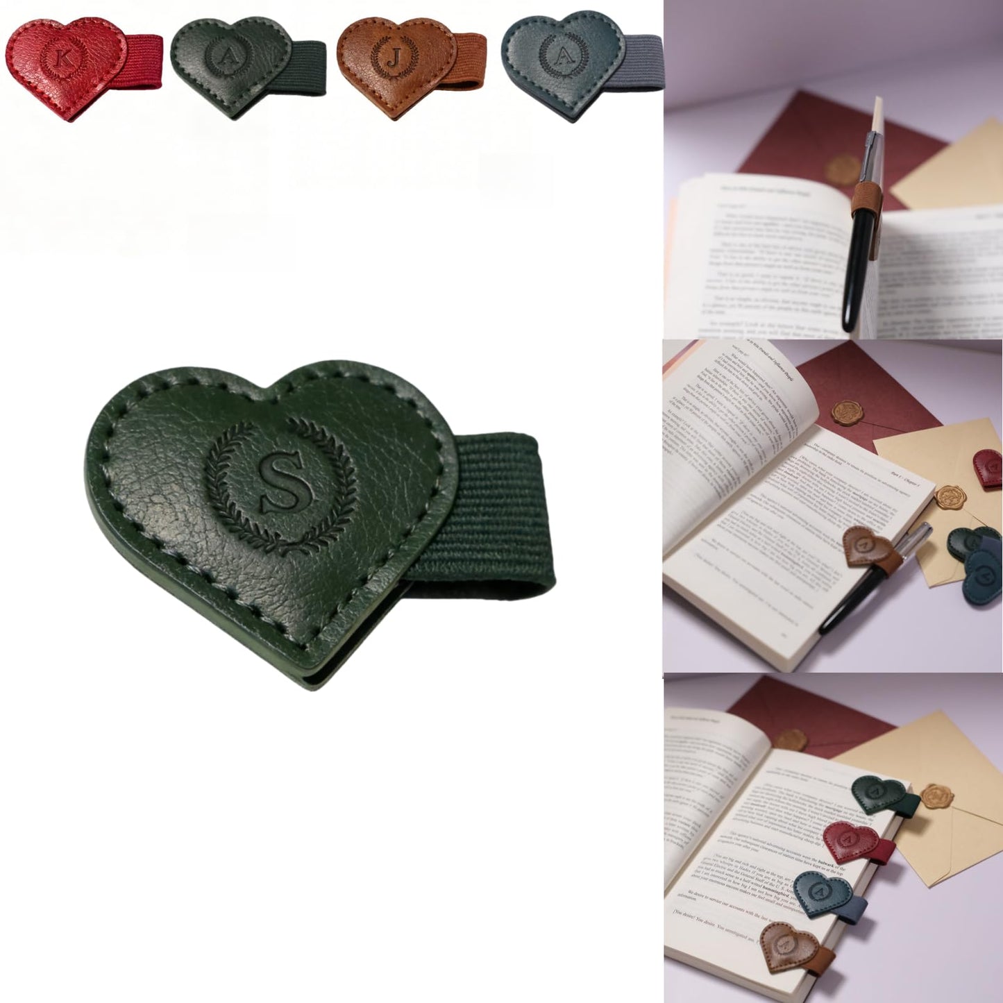 Magnetic Leather Bookmarks with Pen Holder, 26 Letters Name Initial Custom Personalized Heart-Shaped Book Marks for Book Lover Readers, Bygone Cute Leather Bookmark Gift for Women,Girls (Red,J)
