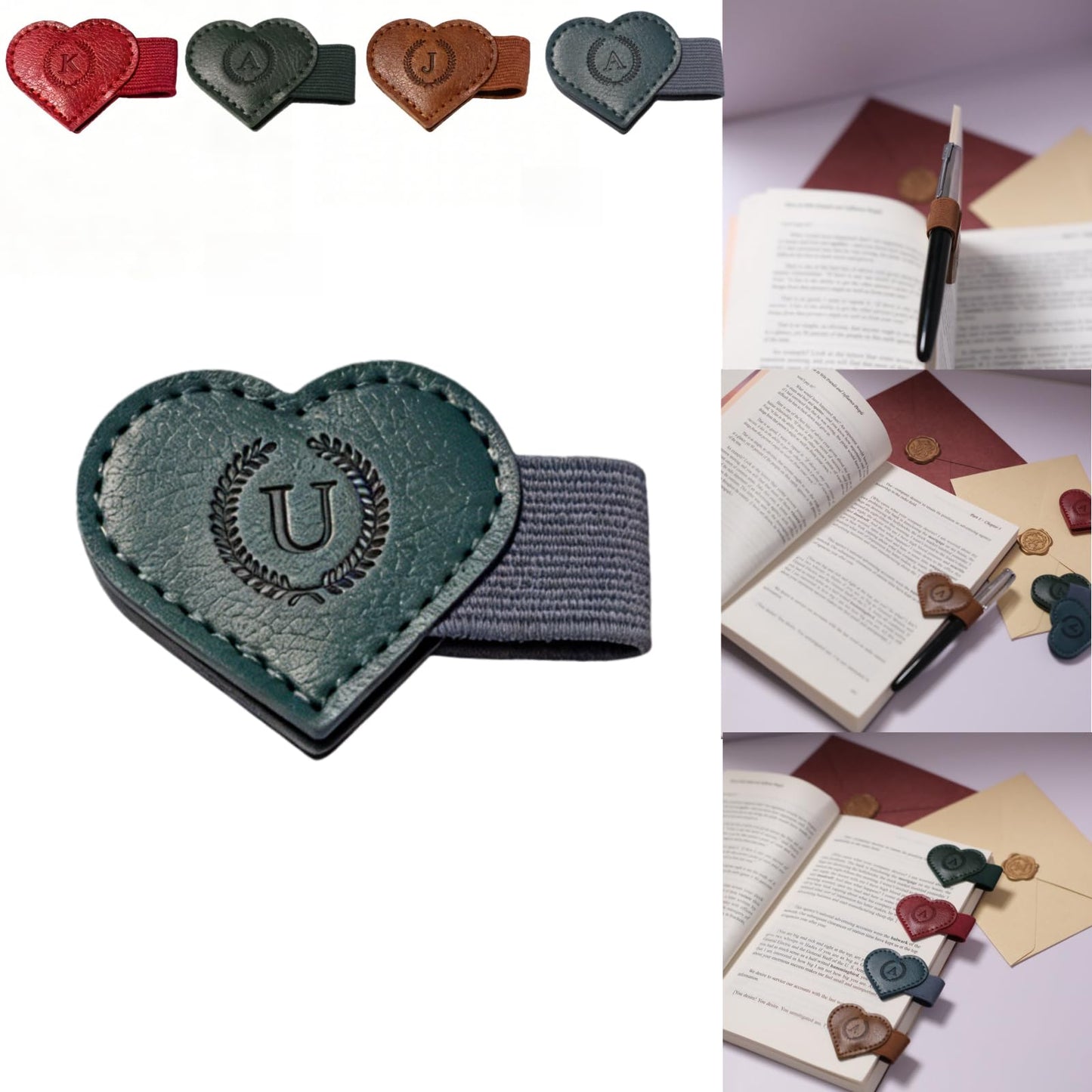 Magnetic Leather Bookmarks with Pen Holder, 26 Letters Name Initial Custom Personalized Heart-Shaped Book Marks for Book Lover Readers, Bygone Cute Leather Bookmark Gift for Women,Girls (Red,J)